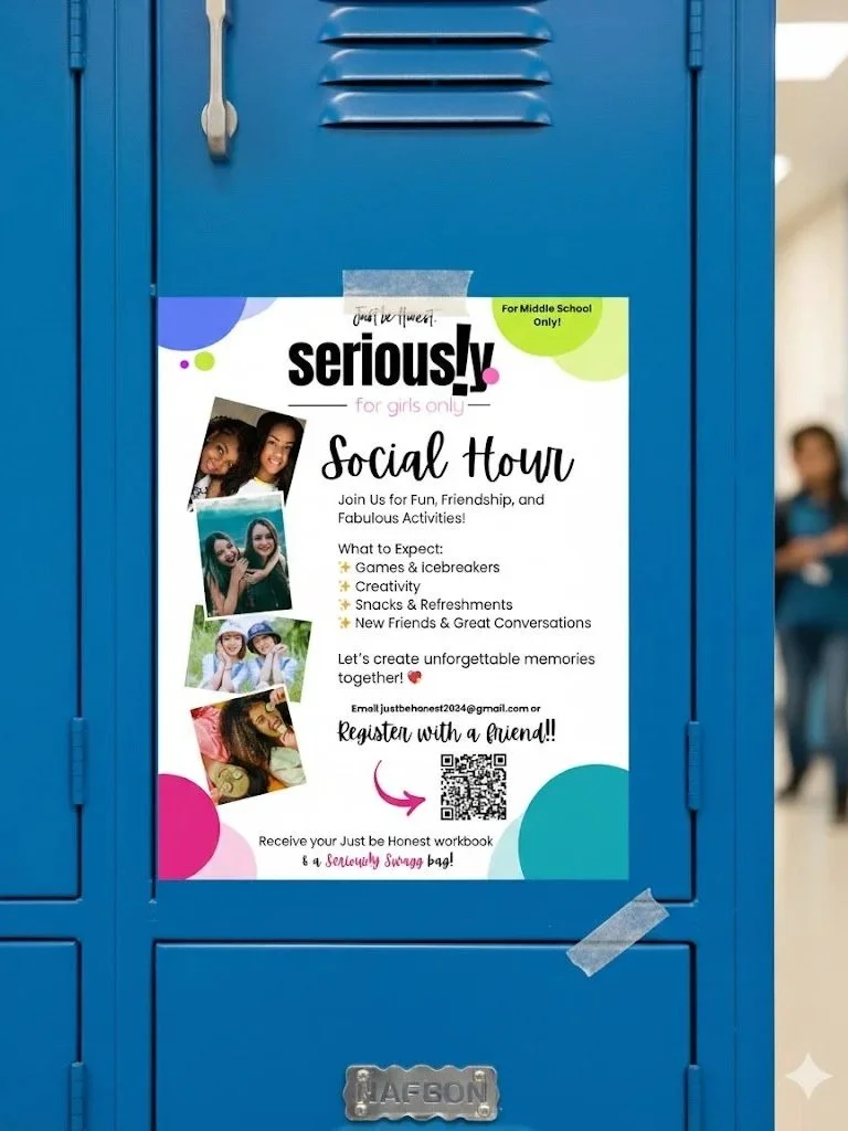 Flyer attached to a blue locker promotes a girls-only social hour with activities like games, crafts, snacks, and conversations, encouraging friendship and creating memories. The flyer features photos of girls, a QR code, and contact information.