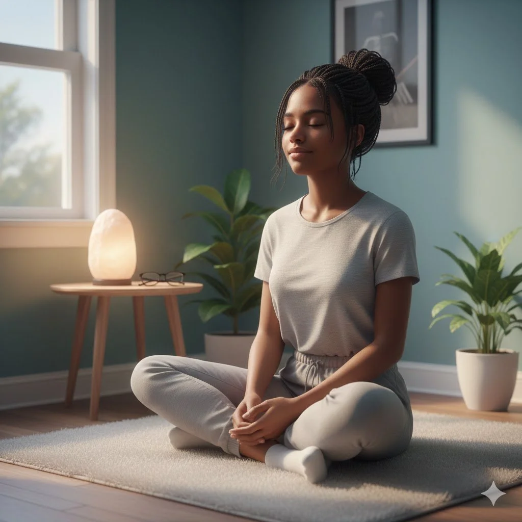Young woman meditating in a peaceful room with sunlight coming through the window, surrounded by indoor plants and a salt lamp.