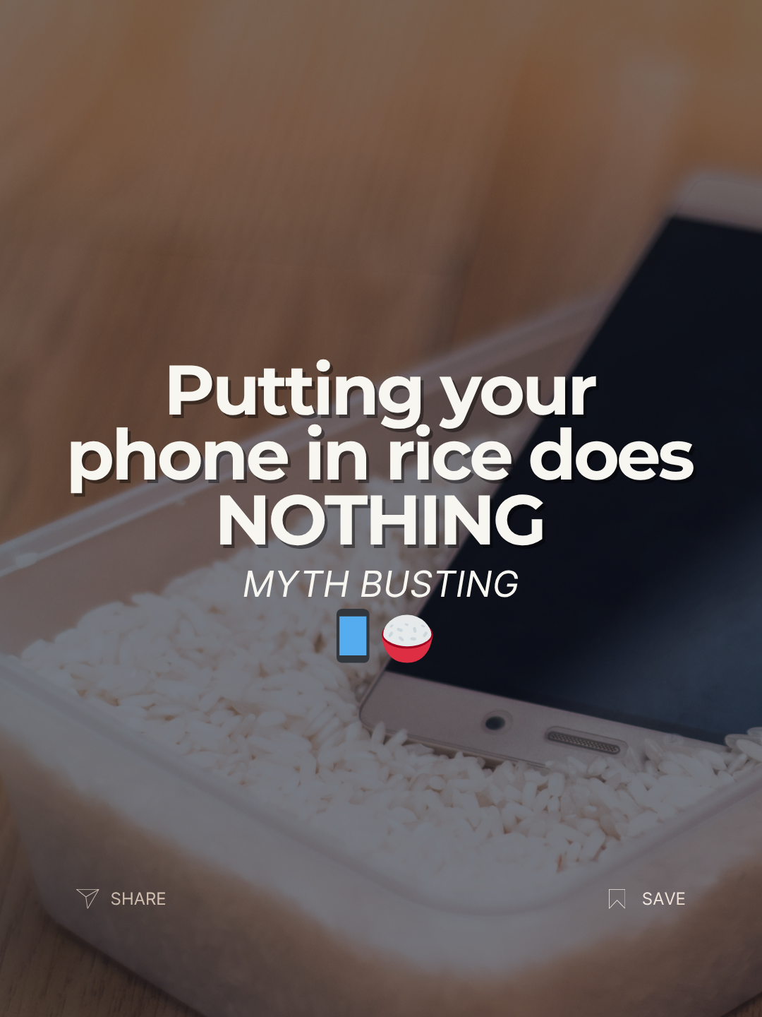 A smartphone placed inside a container of rice as a myth-busting tip.