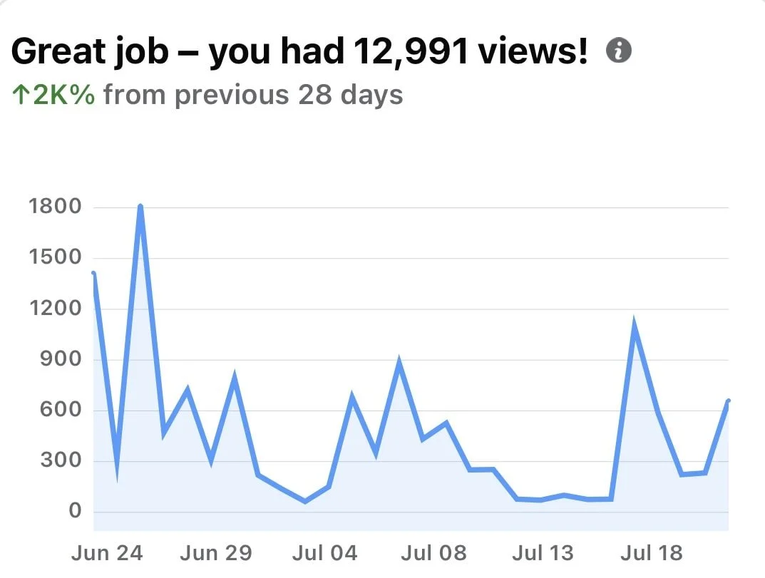 Line graph showing a view count peak of about 1800 on June 24th, with fluctuations and a second peak around 1200 views on July 18th. Total views reached 12,991, with a 2% increase over the previous 28 days.