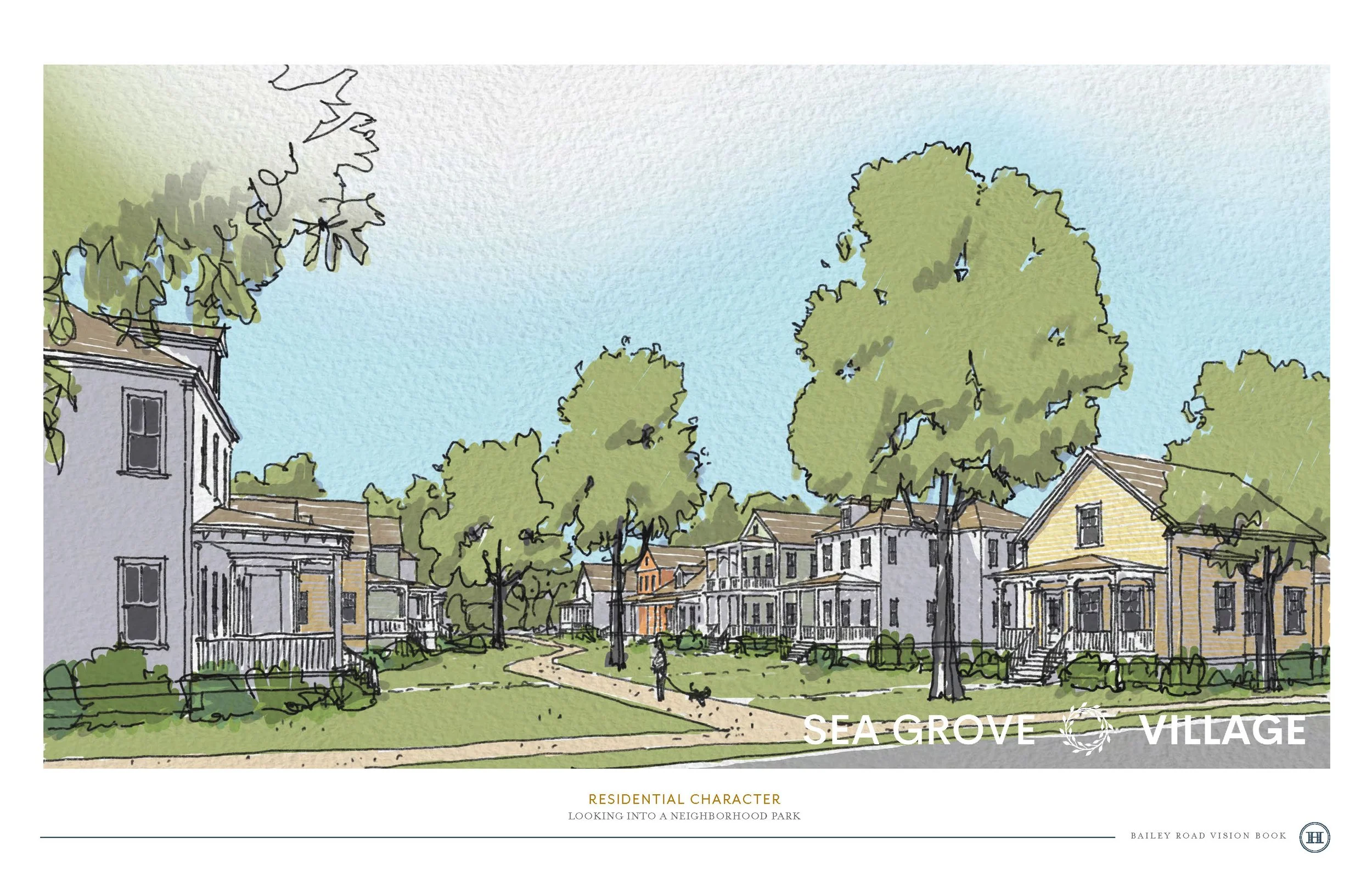 Illustration of a neighborhood park with trees, houses, and a walking path, labeled 'Sea Grove Village'.