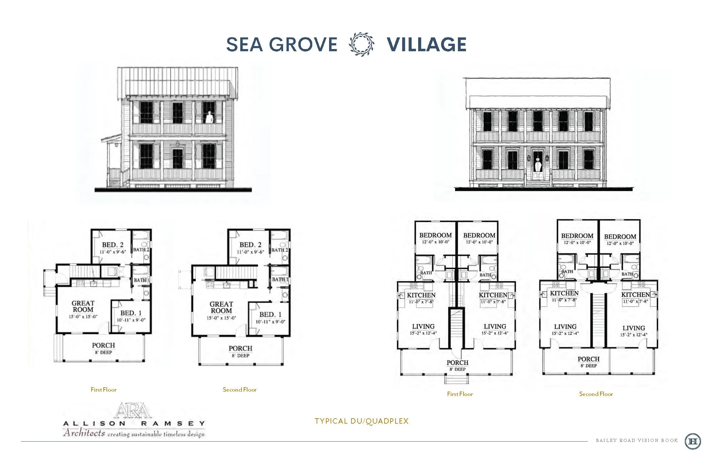 Blueprint of four similar duplex houses with front elevations and floor plans, labeled Sea Grove Village, showing interior layouts with bedrooms, bathrooms, kitchen, living room, porch, and great room, created by Allison Ramsey Architects.