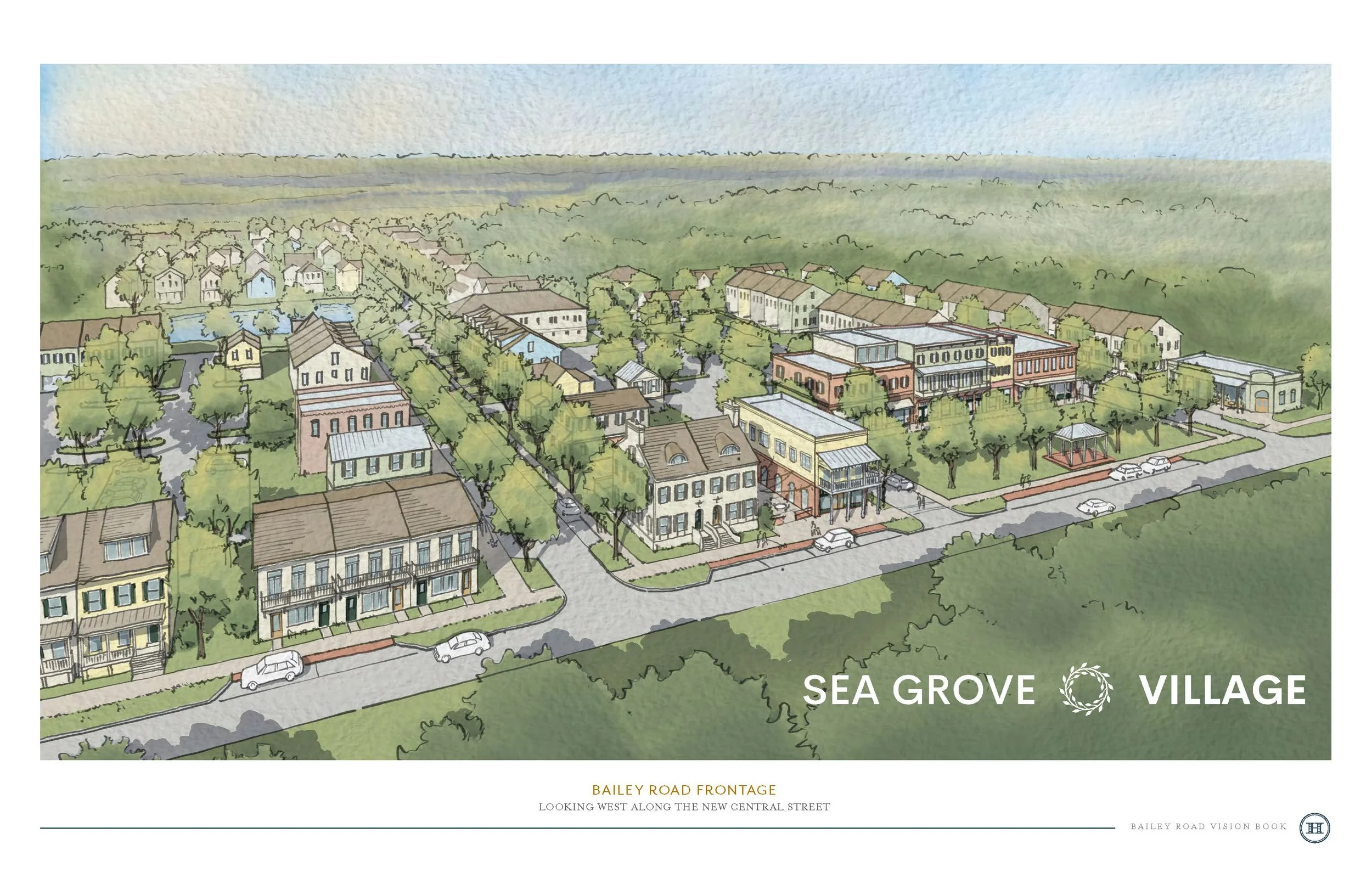 A watercolor illustration of Sea Grove Village, showing a street view with trees, houses, and commercial buildings, with a distant forest background.