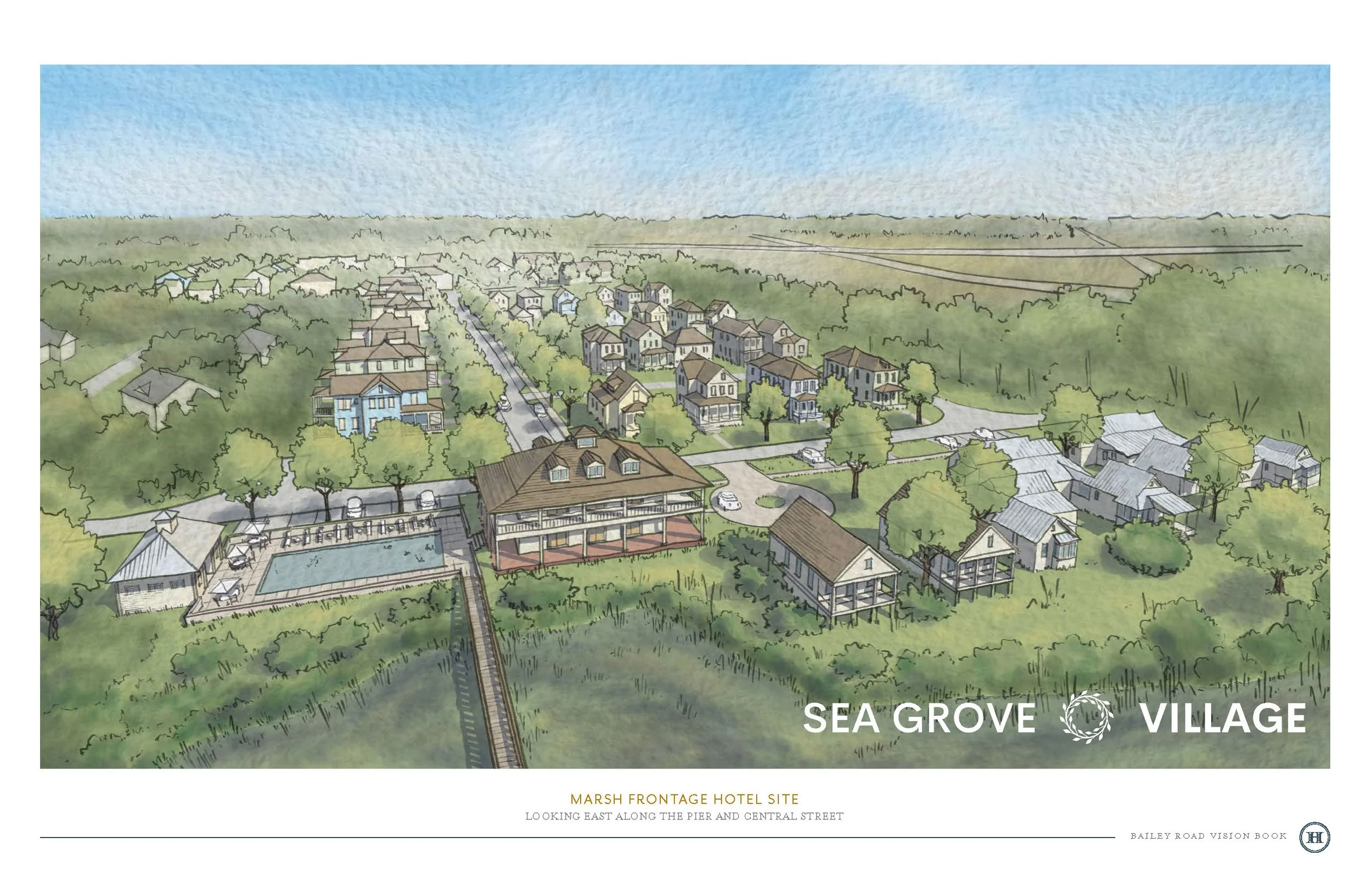 Illustration of Sea Grove Village, showing a neighborhood with houses, trees, a swimming pool, a pier leading to the water, and a marsh area, viewed from an aerial perspective.
