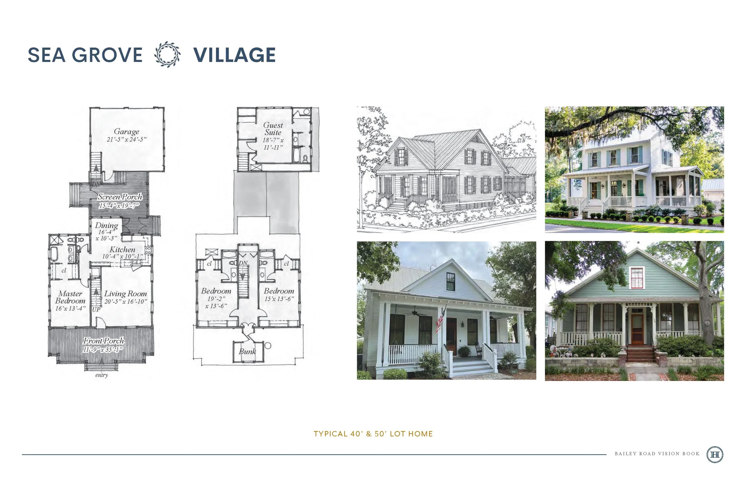 Floor plans and exterior images of two coastal-style houses, including a detailed blueprint of each house's layout and photographs of the completed homes, in a document titled 'Sea Grove Village'.