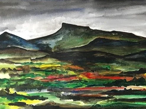Watercolor painting of a mountainous landscape with a prominent mountain peak, lush green hills, and colorful fields in the foreground.