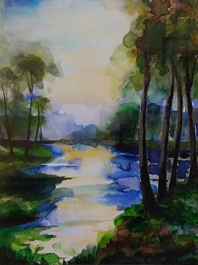 Watercolor painting of a river flowing through a forest with trees on both sides and a bright sky overhead.