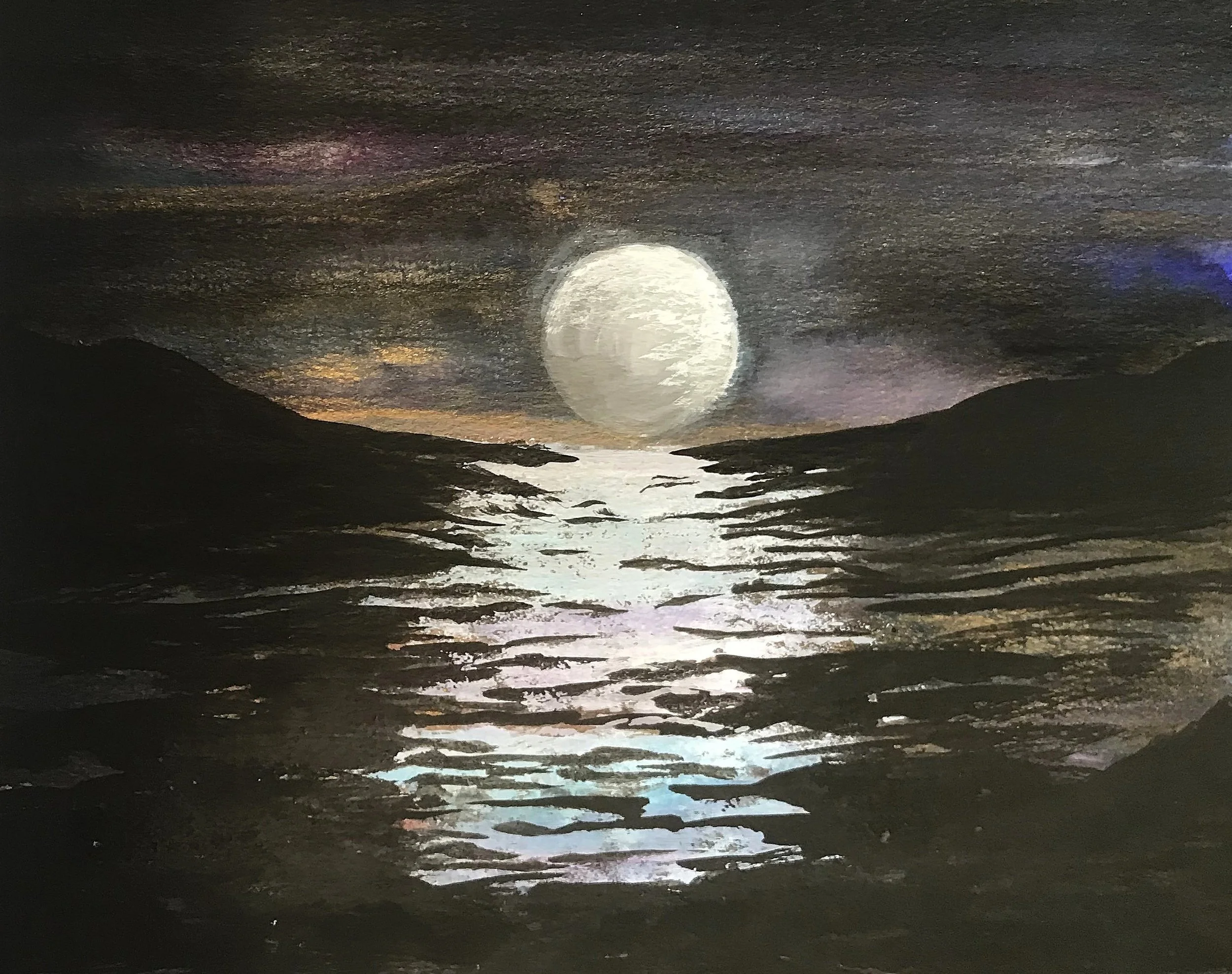 A painting of a full moon reflecting on a body of water between mountain silhouettes at night.