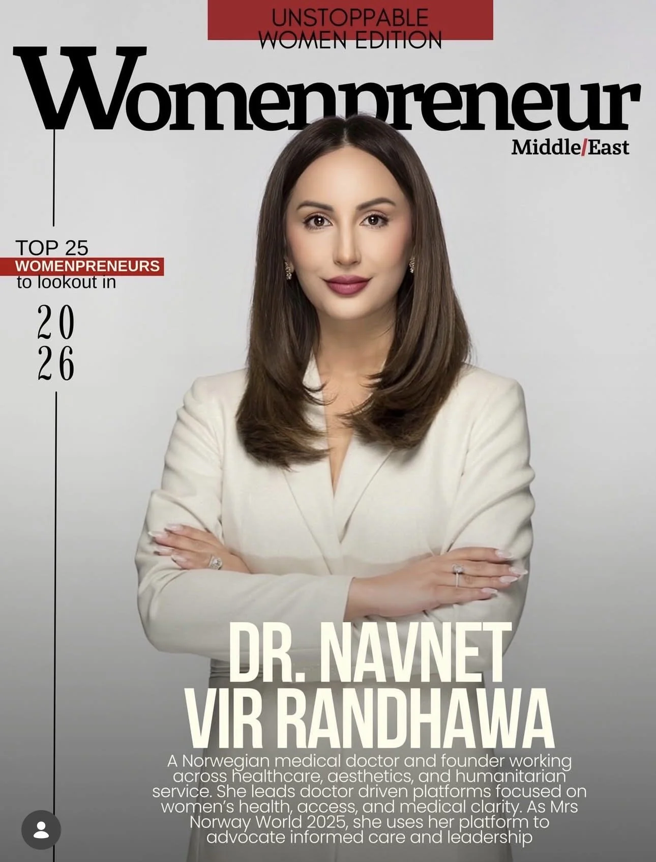 Dr. Navnet Randhawa on the digital cover of Womenpreneur Middle East, recognized for advancing women’s health and global leadership.