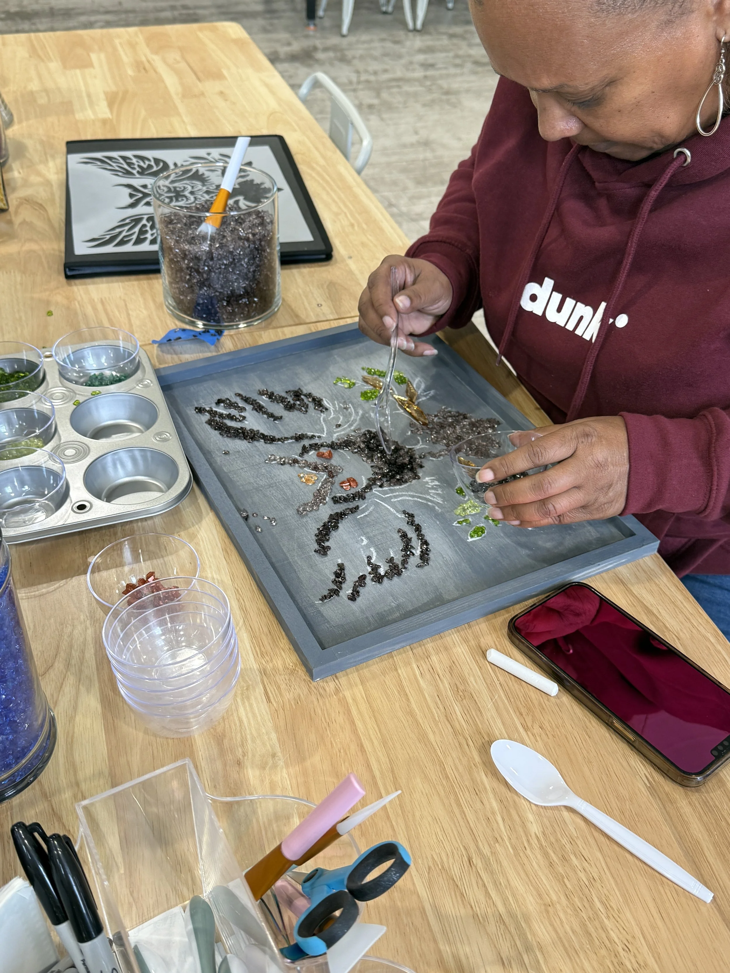 Owl Cut/Crushed Glass Resin Art in progress