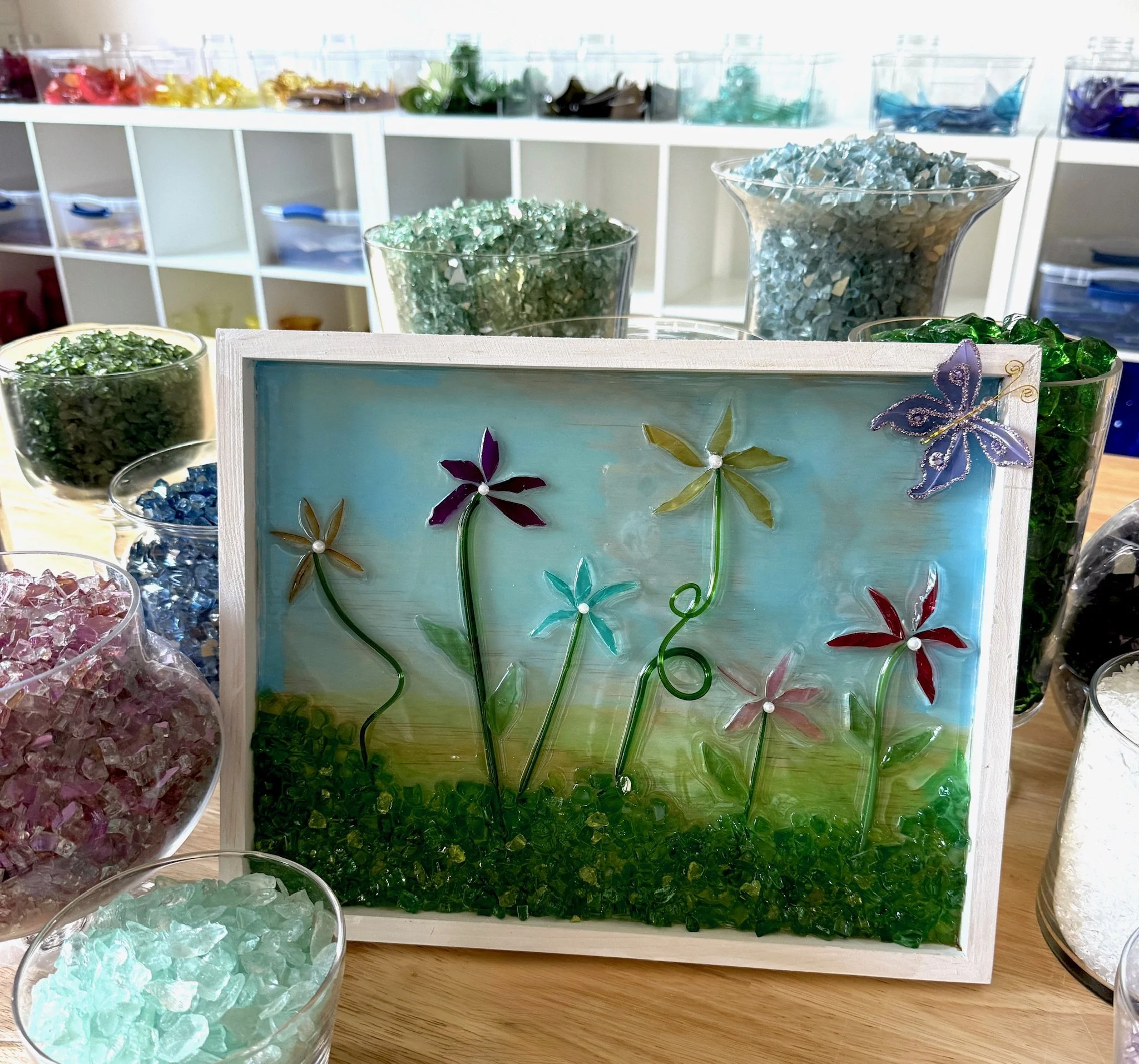 Daisy flowers with grass and blue sky - Cut/Crushed glass resin art