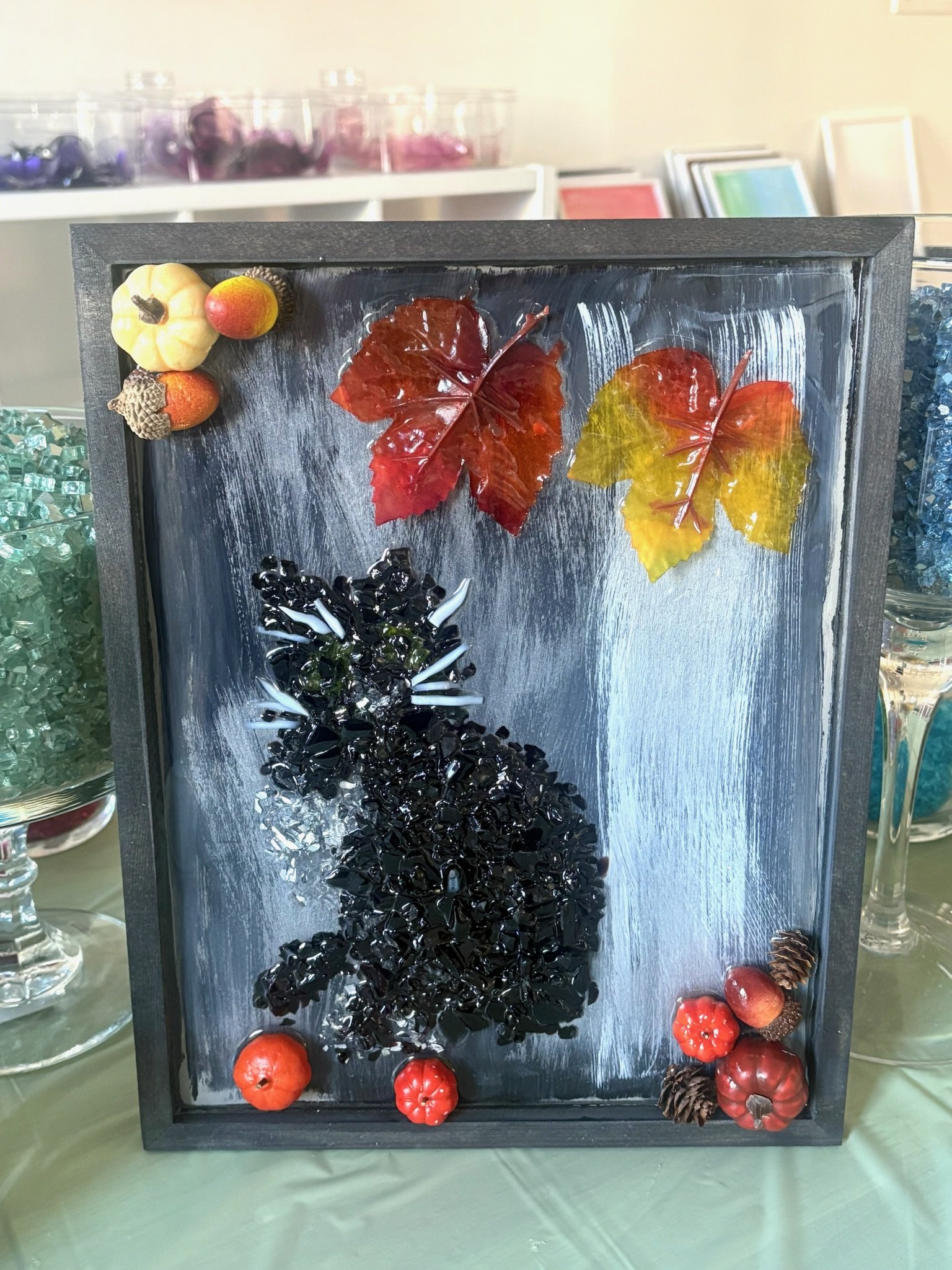 Black Cat with Fall theme Cut/Crushed Glass Resin Art