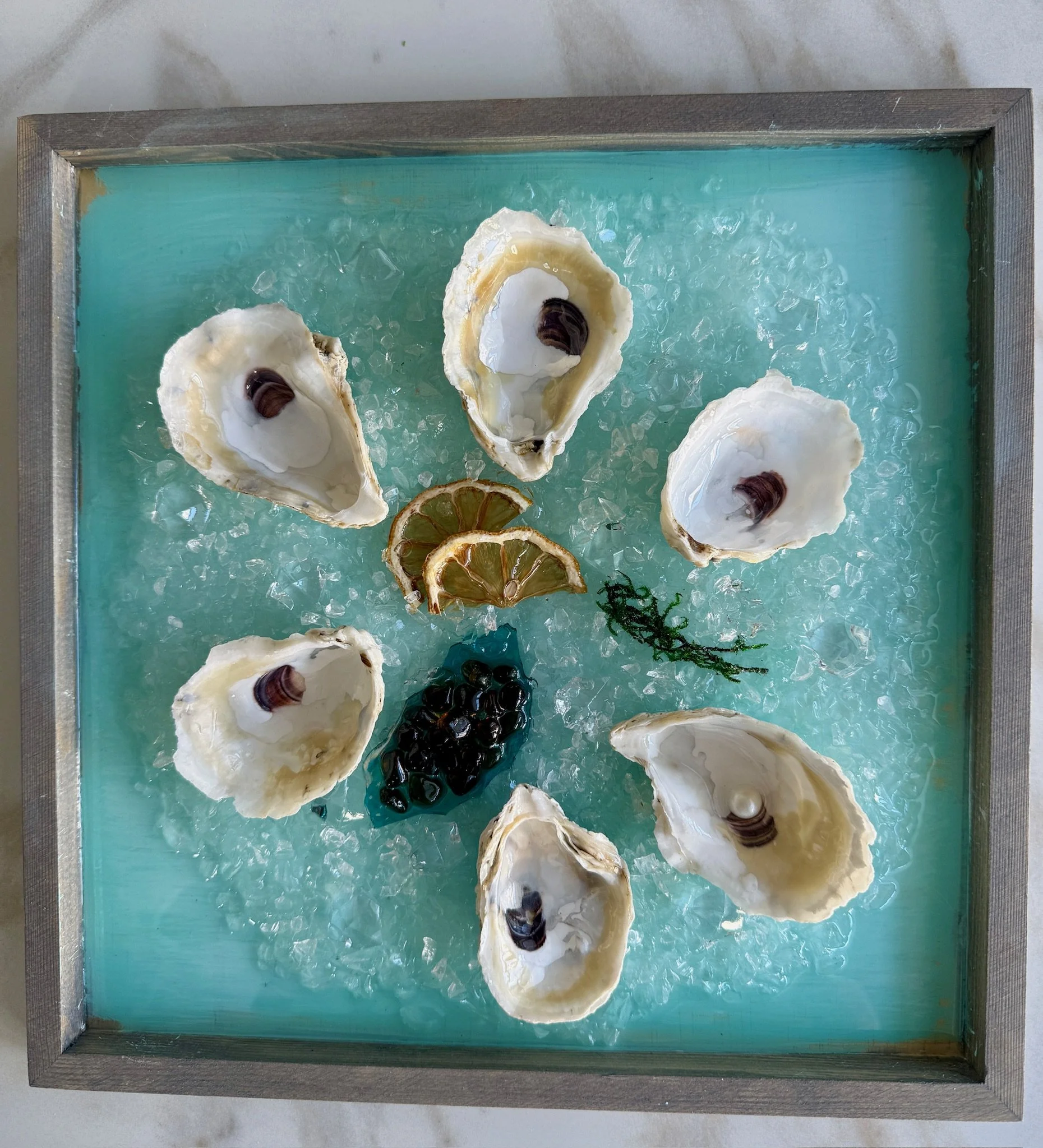 Oysters on half shell on ice with caviar and orange slice - Crushed/Cut glass resin art