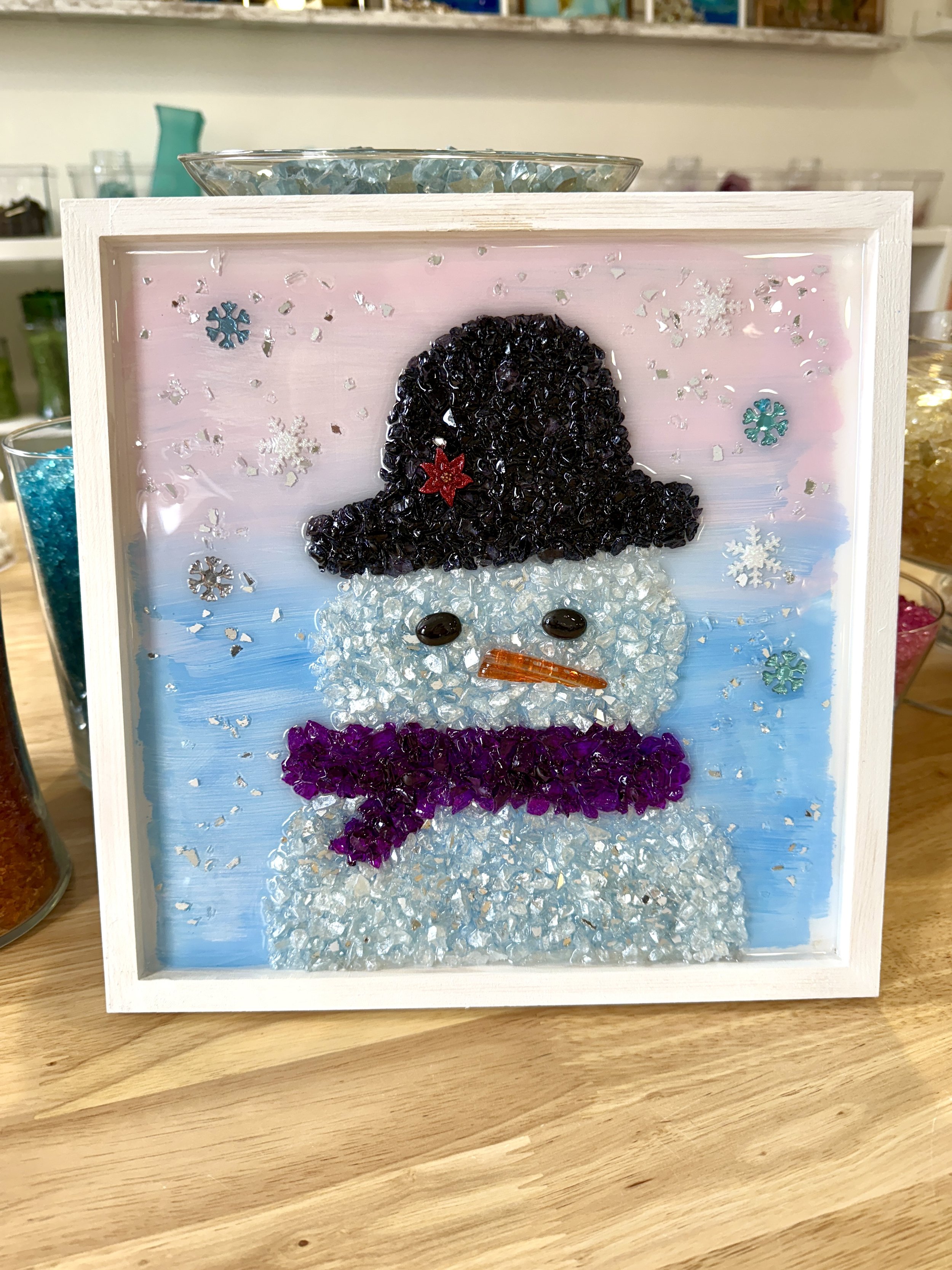 Snowman Cut/Crushed Glass Resin Art