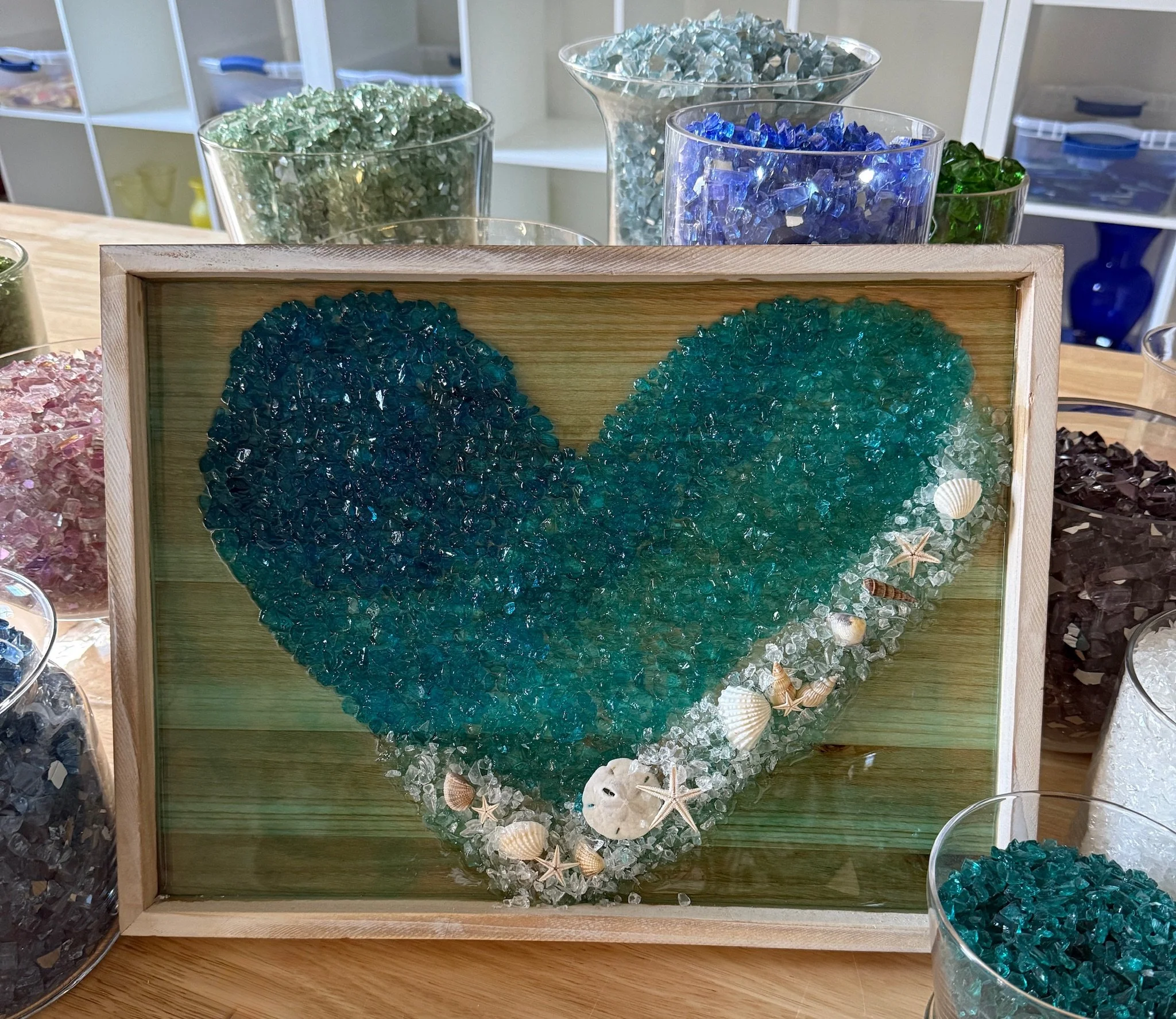 Beach themed heart - Crushed glass with seashells resin art