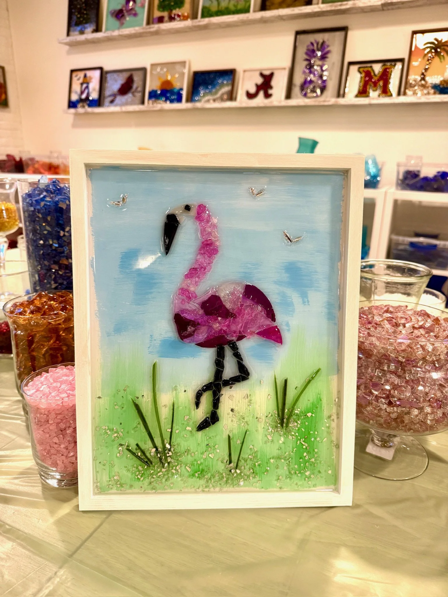 Flamingo crushed glass resin art