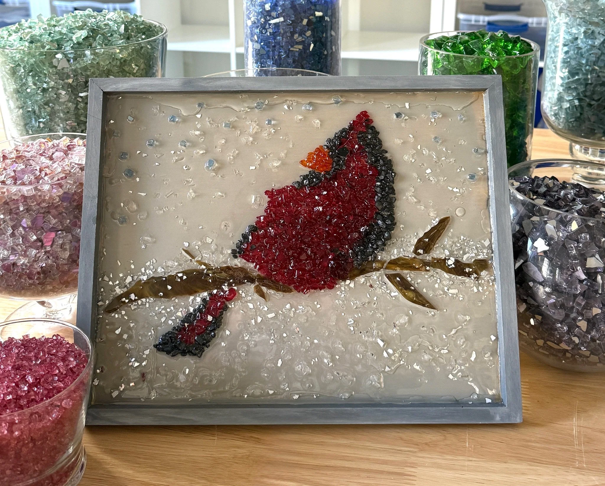 Cardinal in winter landscape on a branch - Cut/Crushed glass resin art 