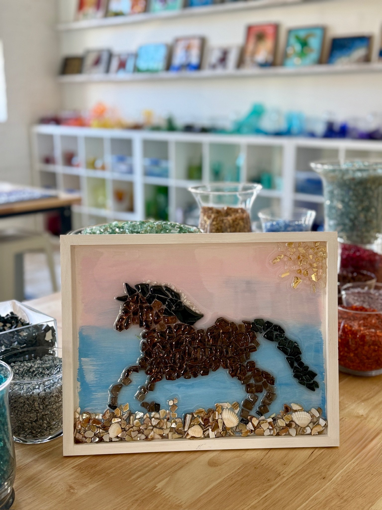 Horse cut/crushed glass resin art