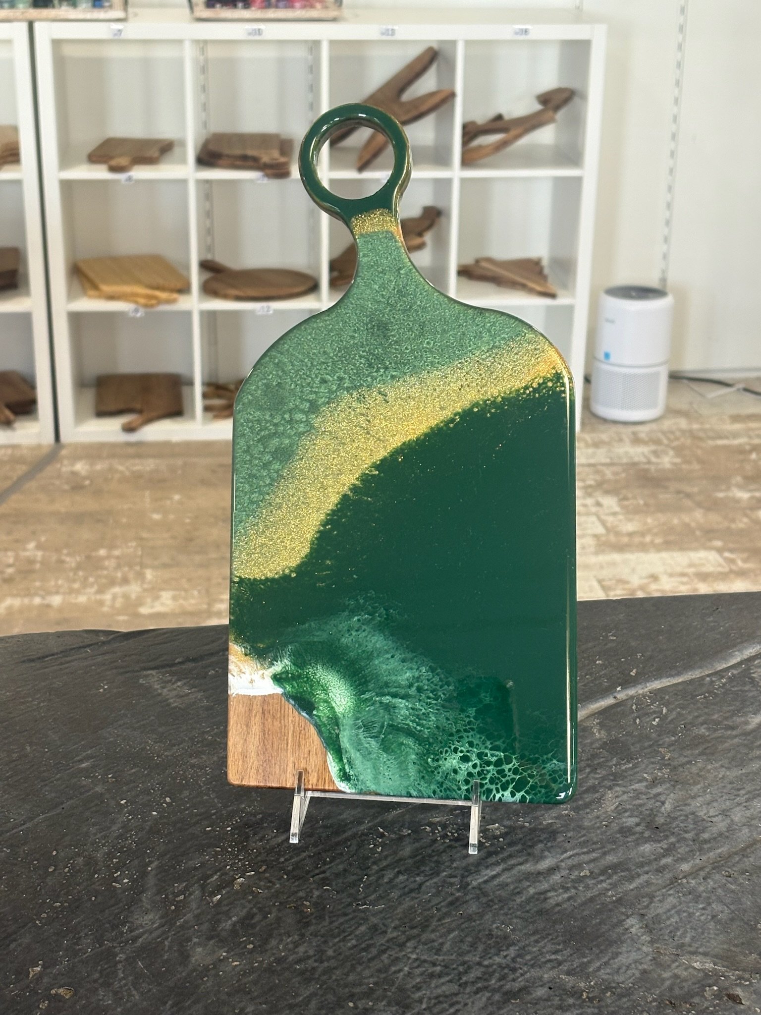 Green ocean waves wood resin charcuterie board