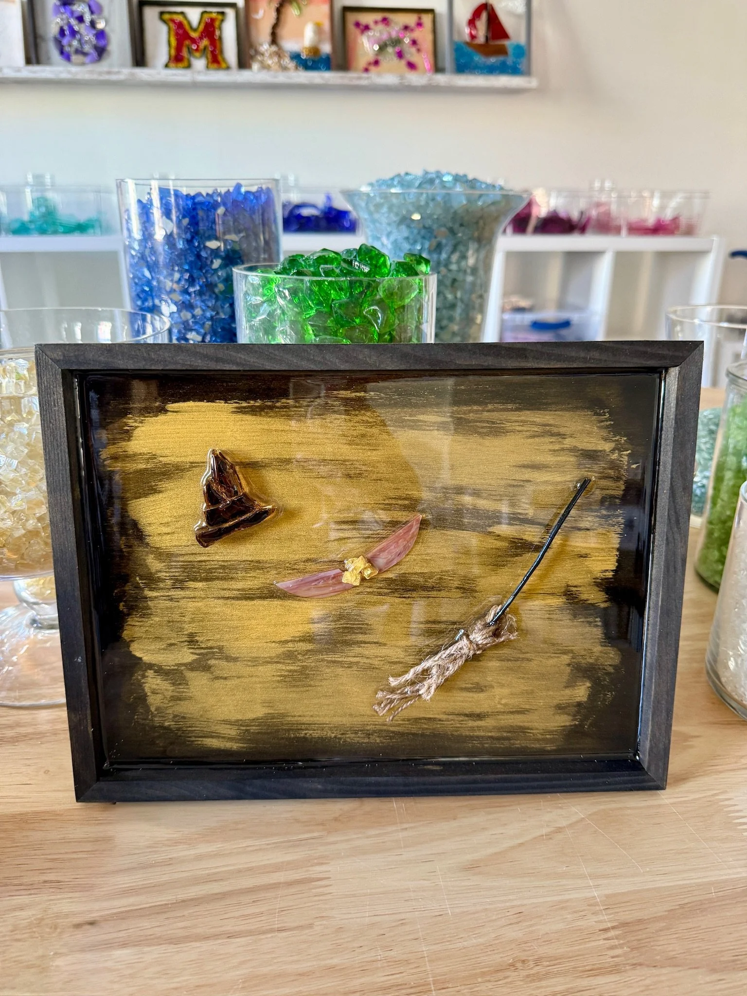 Harry Potter sorting hat, snitch, and broomstick - Glass resin art