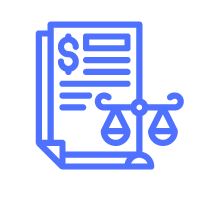 Icon of a legal document with a dollar sign and a scale symbol, representing law and finance.
