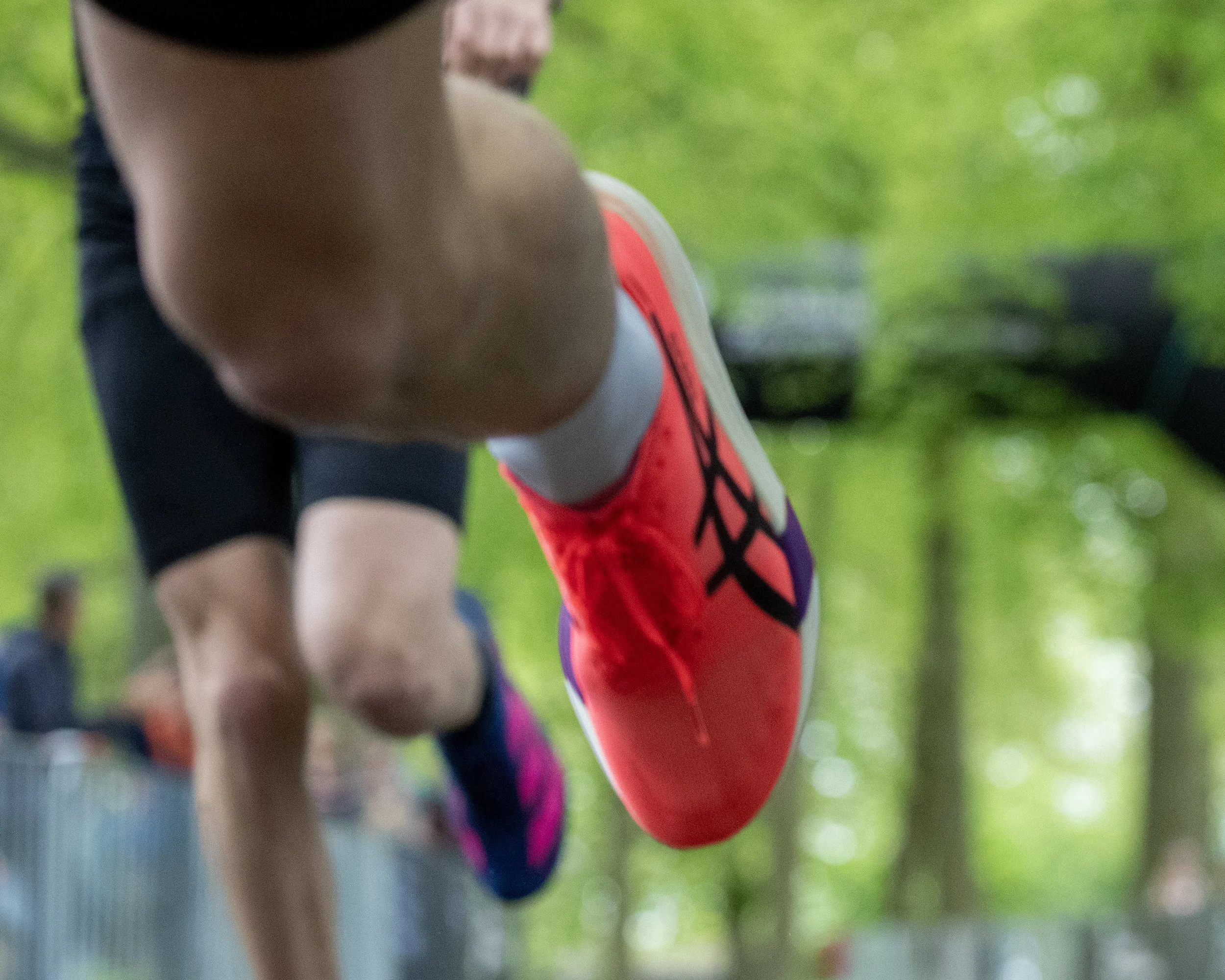Multiple athletes in athletic gear participating in a race, running on a grassy field with trees in the background.