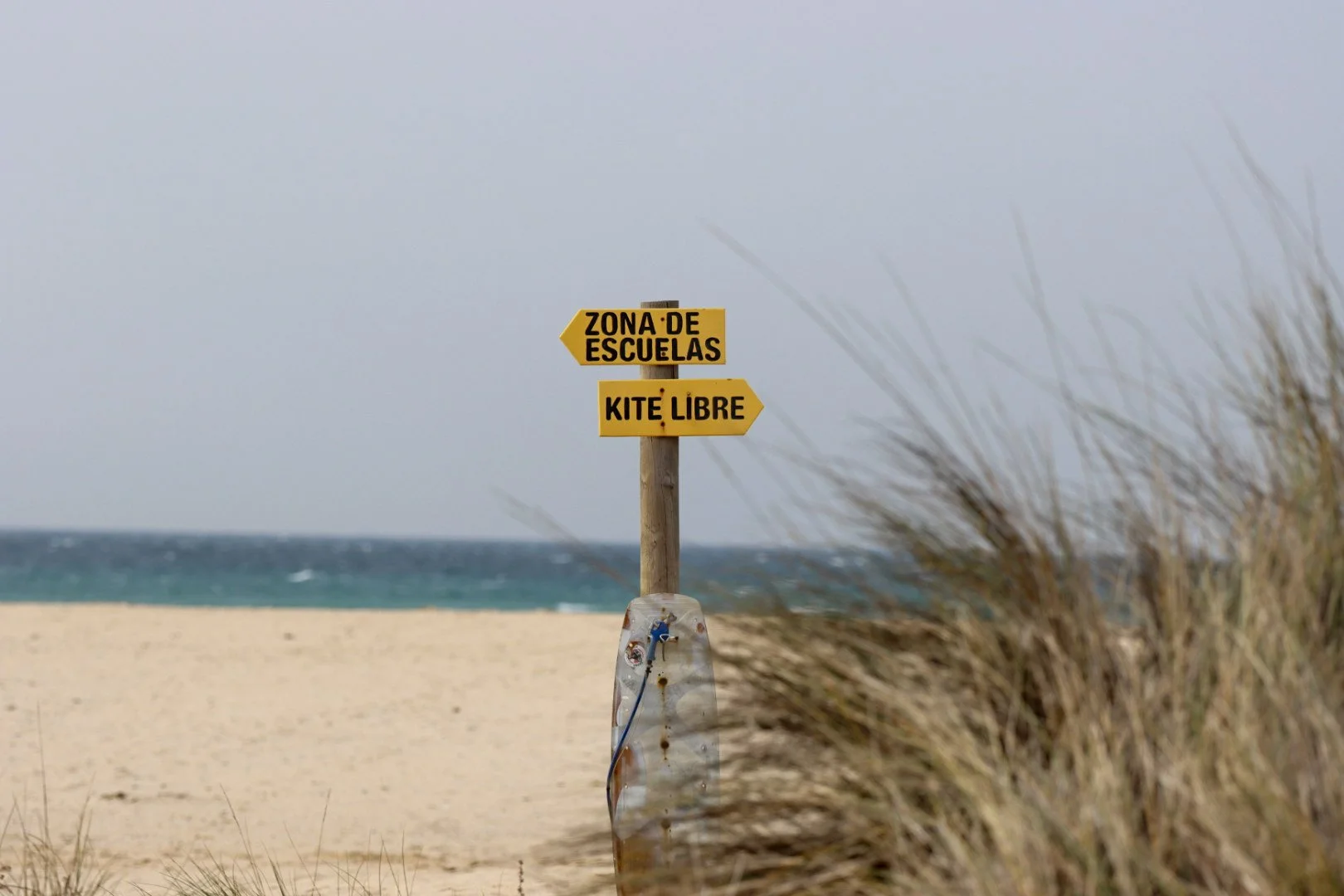 Beach scene with a signpost indicating 'Zona de Escuelas' and 'Kite Libre', a skateboard leaning against the signpost, sandy beach, ocean waves, and dry grasses in the foreground.