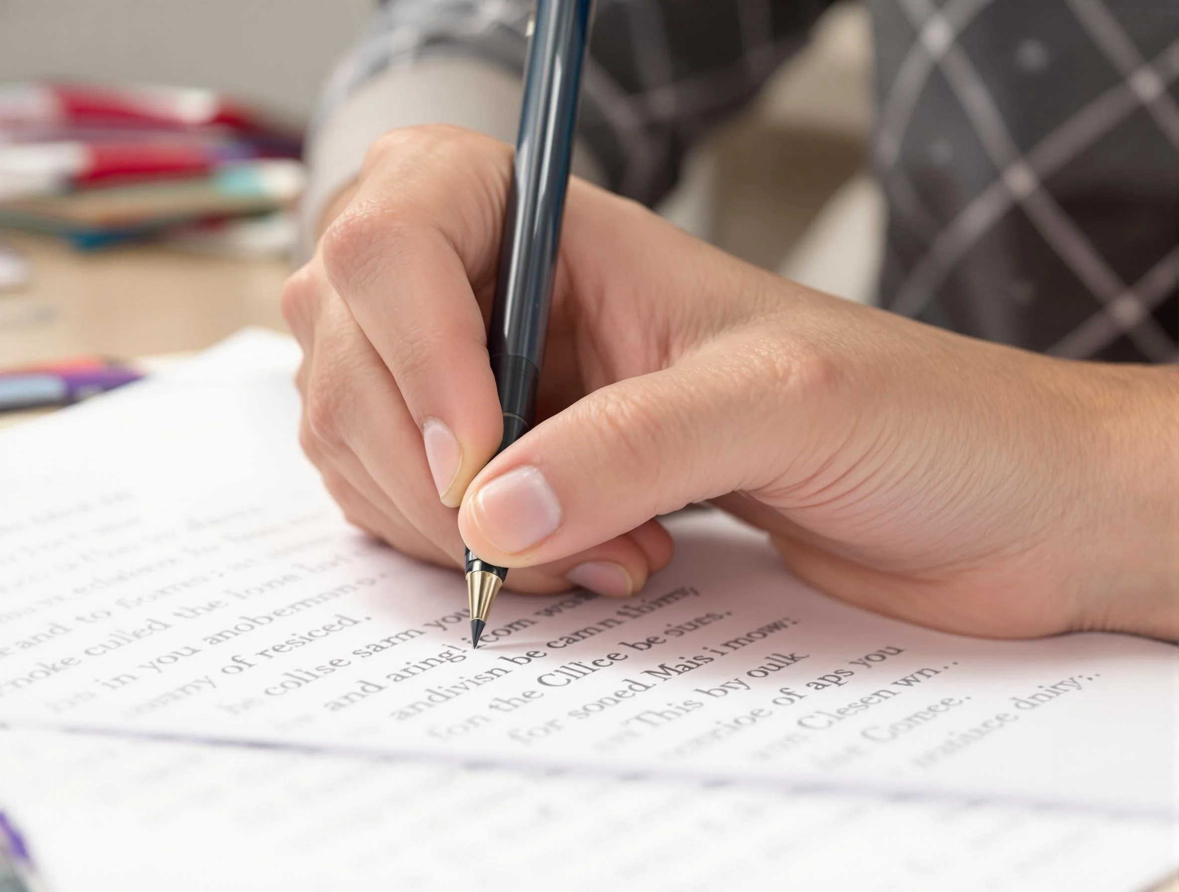 Close-up of a person’s hand holding a black pen and writing on a sheet of paper with printed text, with colored pens in the background.