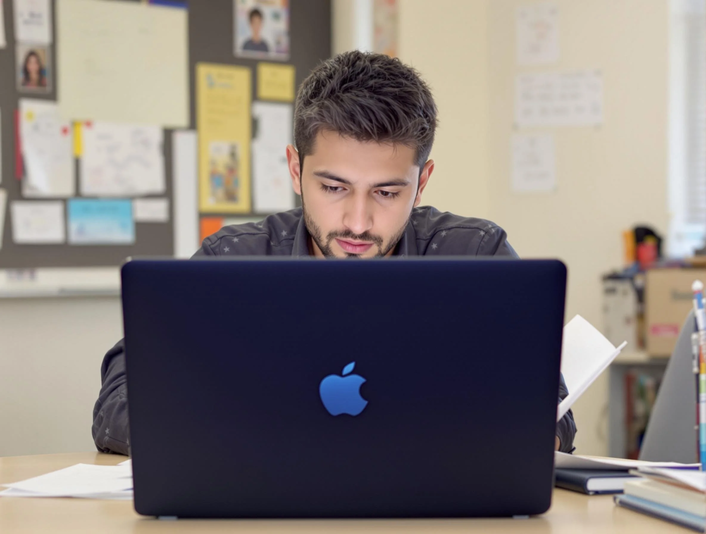 A young man with short dark hair and a beard working on a MacBook in a classroom or office setting, reading a paper in his hand, with various posters and papers on the wall behind him.