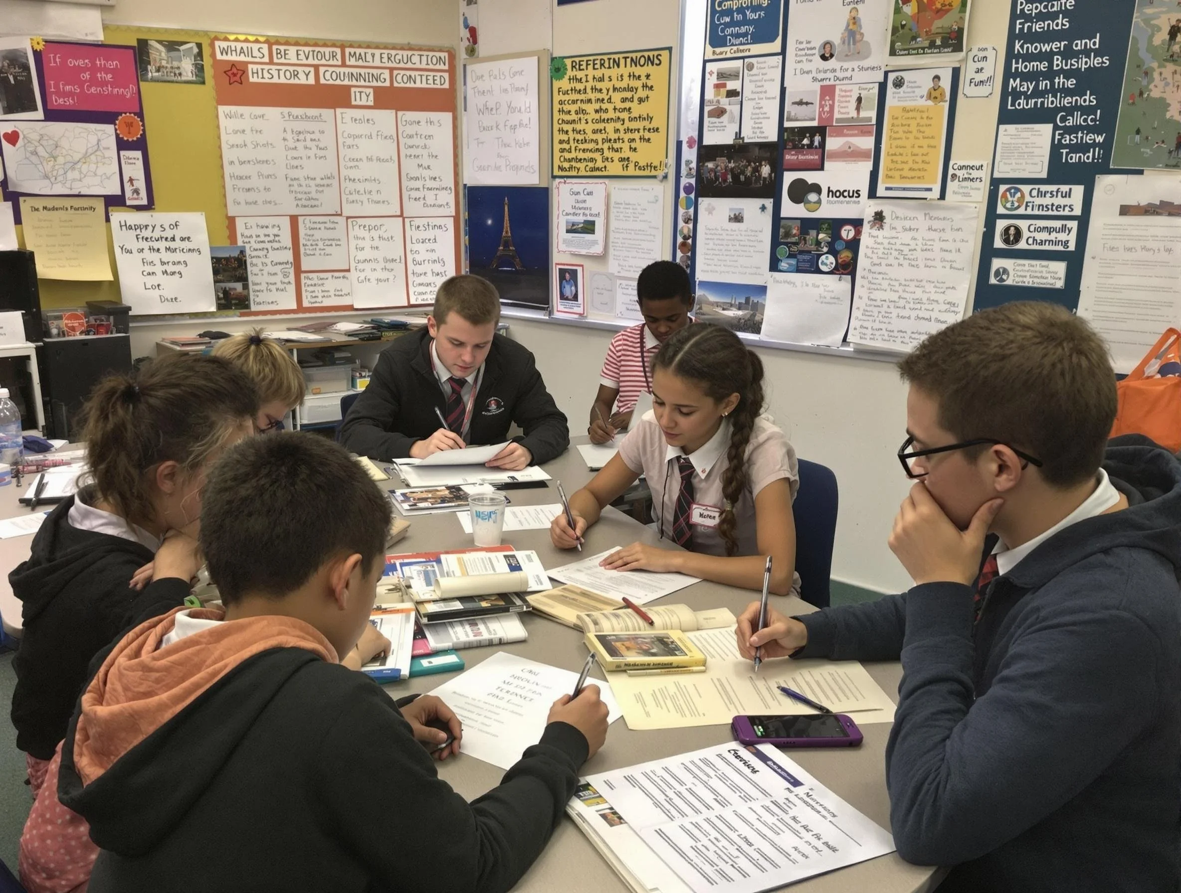 A classroom with six students sitting at a table, working on papers and textbooks, with colorful posters and notes on the bulletin board behind them.