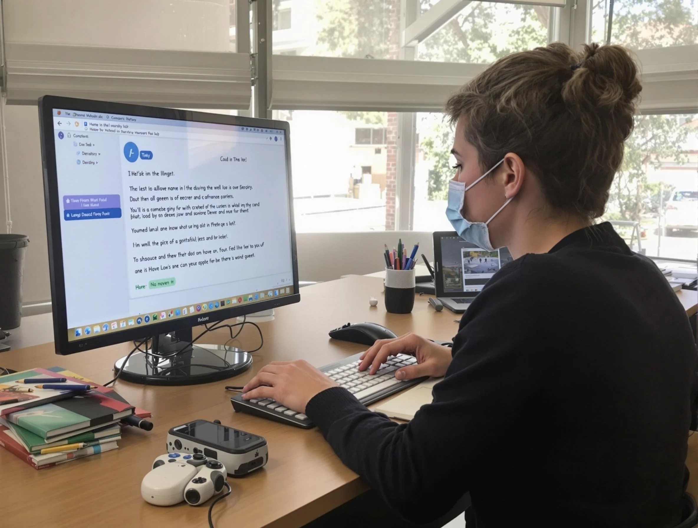 Woman wearing a face mask working on a computer at a desk, with a stack of books, writing tools, a game controller, and a laptop nearby, in a well-lit room with large windows.