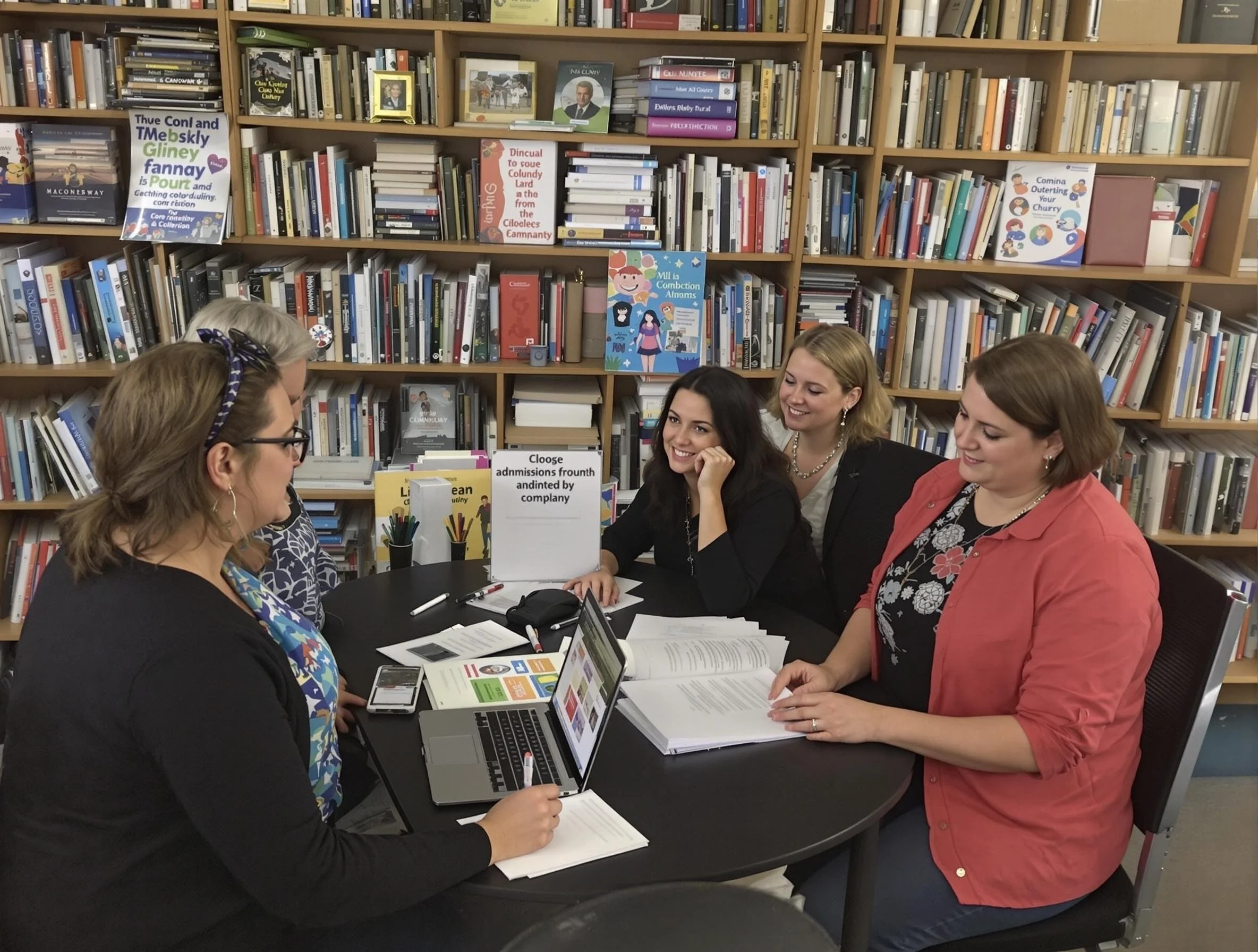 Five women are sitting at a round table in a library, discussing and working with documents, laptops, and notebooks surrounded by shelves filled with books.