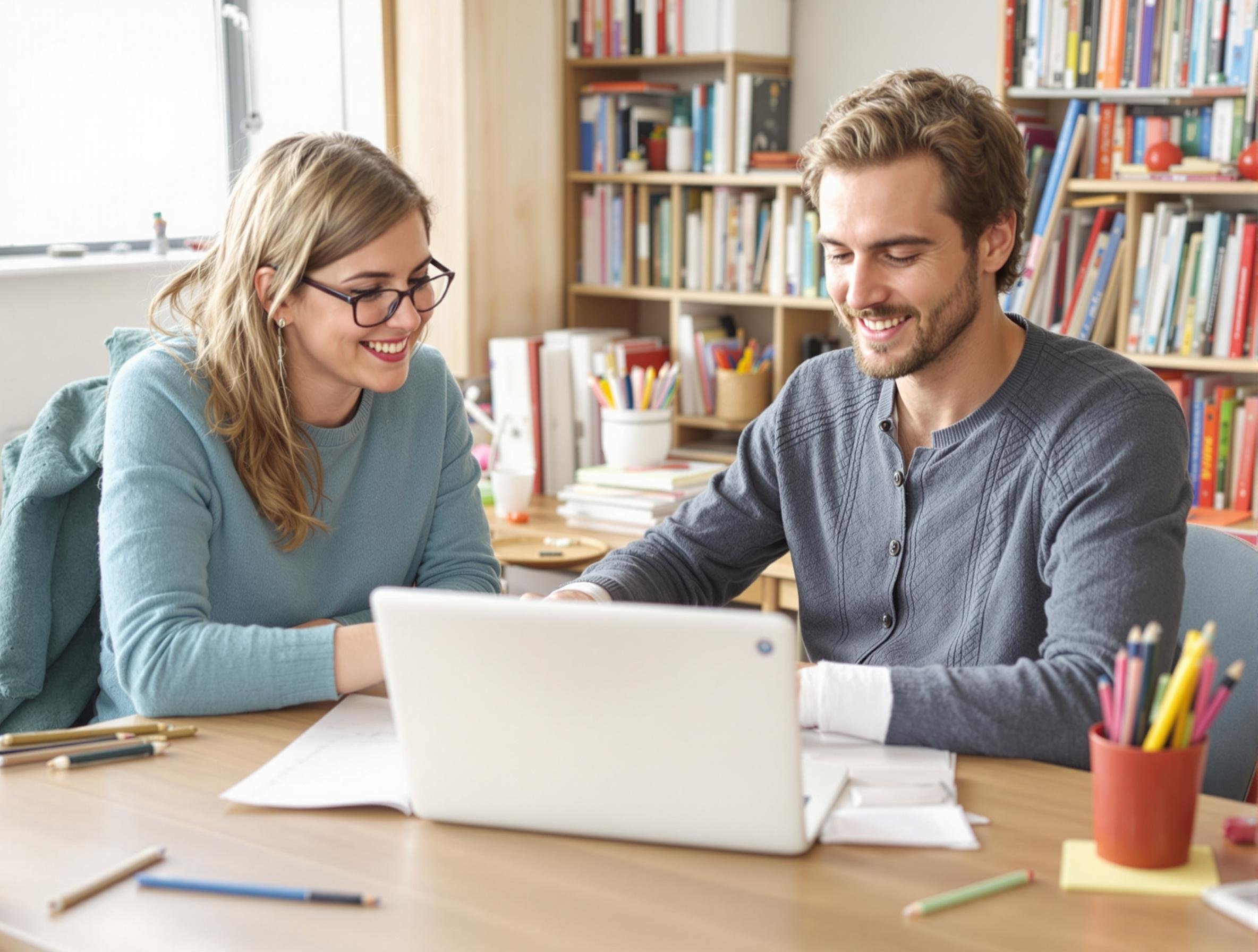 Two smiling young adults, a woman with glasses and a man, sit at a desk looking at a laptop in a well-organized room with bookshelves.
