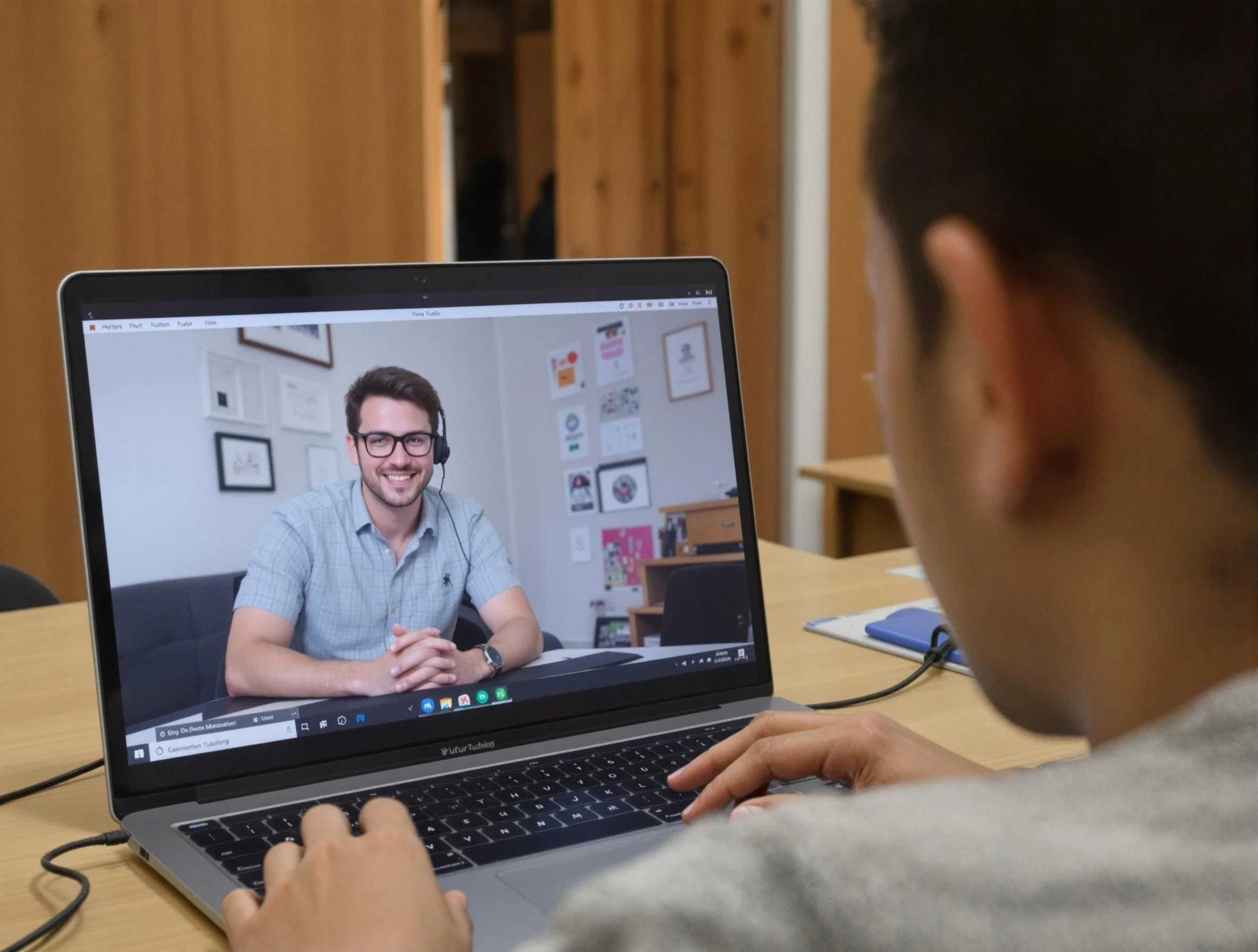 A person video chatting with a man wearing glasses and a headset on a laptop, seated at a wooden desk in an indoor setting.