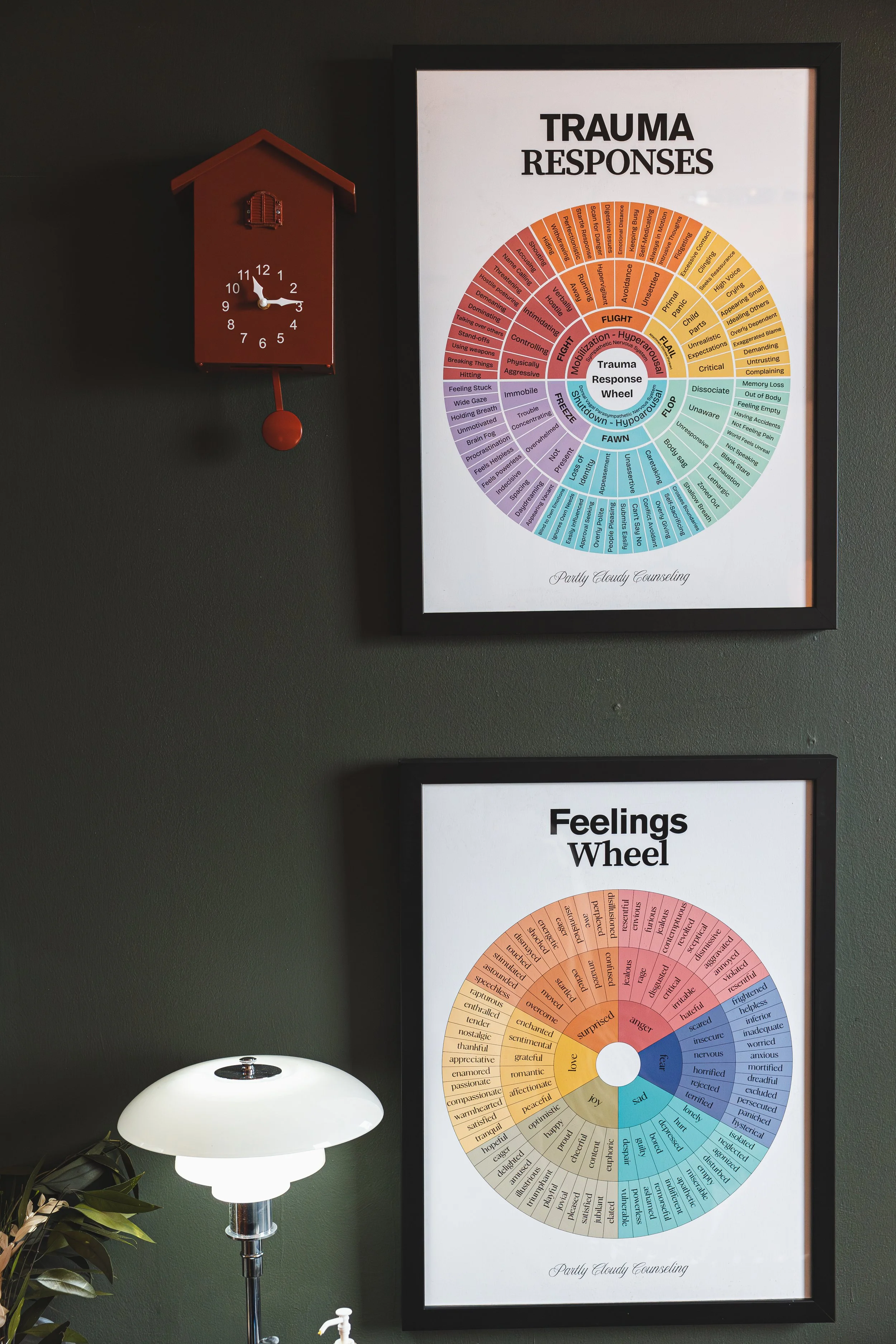 Two framed posters titled "Trauma Responses" and "Feelings Wheel," with a red cuckoo clock on a dark green wall. The "Trauma Responses" poster is a colorful circular chart detailing different trauma reactions, and the "Feelings Wheel" chart shows var