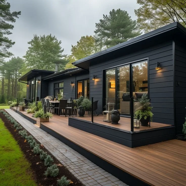 Modern black house with wooden deck, outdoor dining area, potted plants, and glass sliding doors, surrounded by tall trees in a lush green setting.