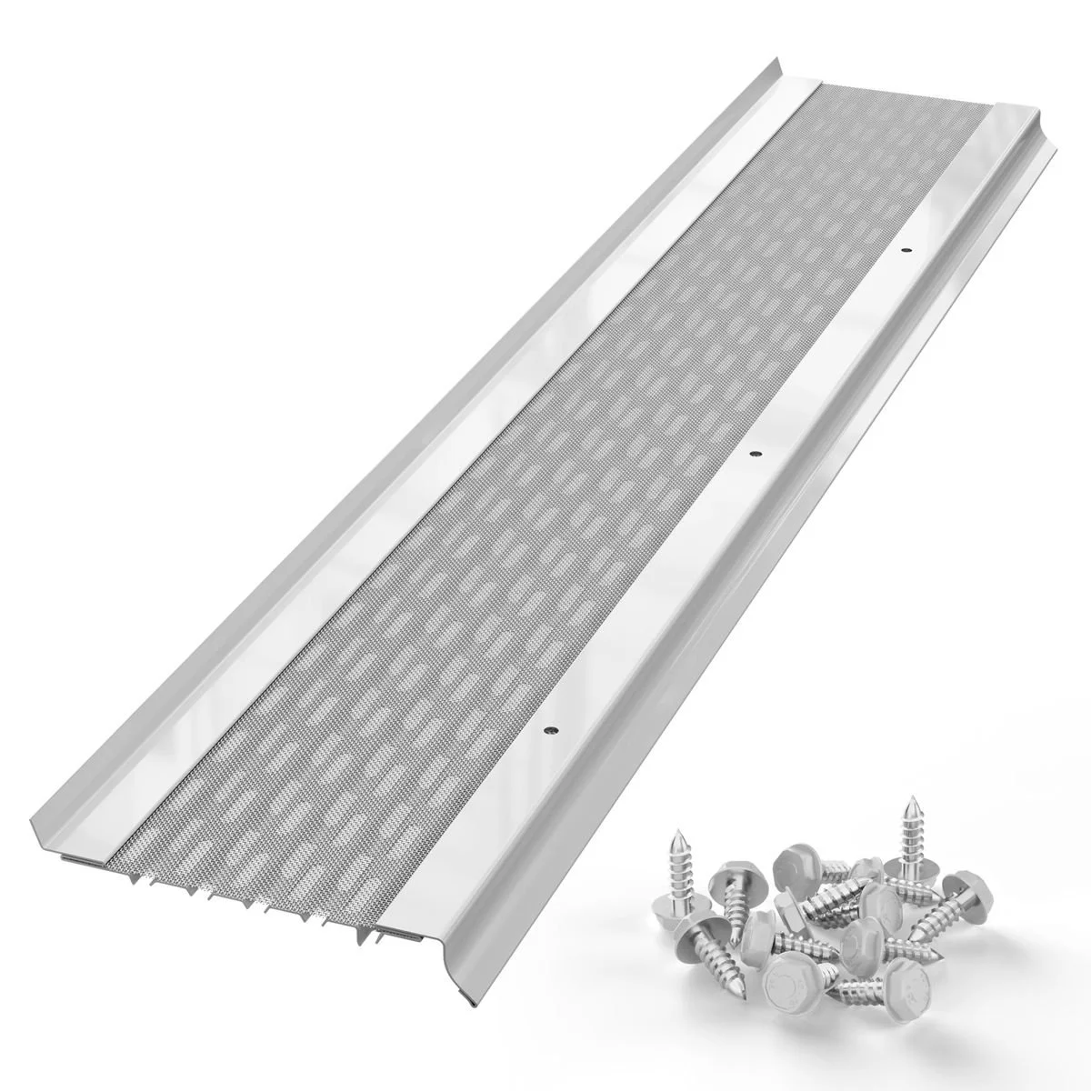A metal Gutter Guard with screws beside it, used for coving gutters.