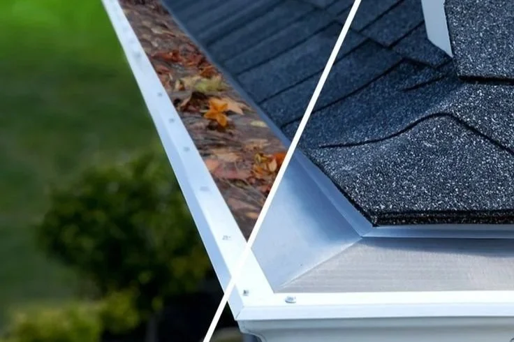 Close-up of a roof showing a contrast between a section with fallen leaves and a section with clean asphalt shingles, separated by a gutter.
