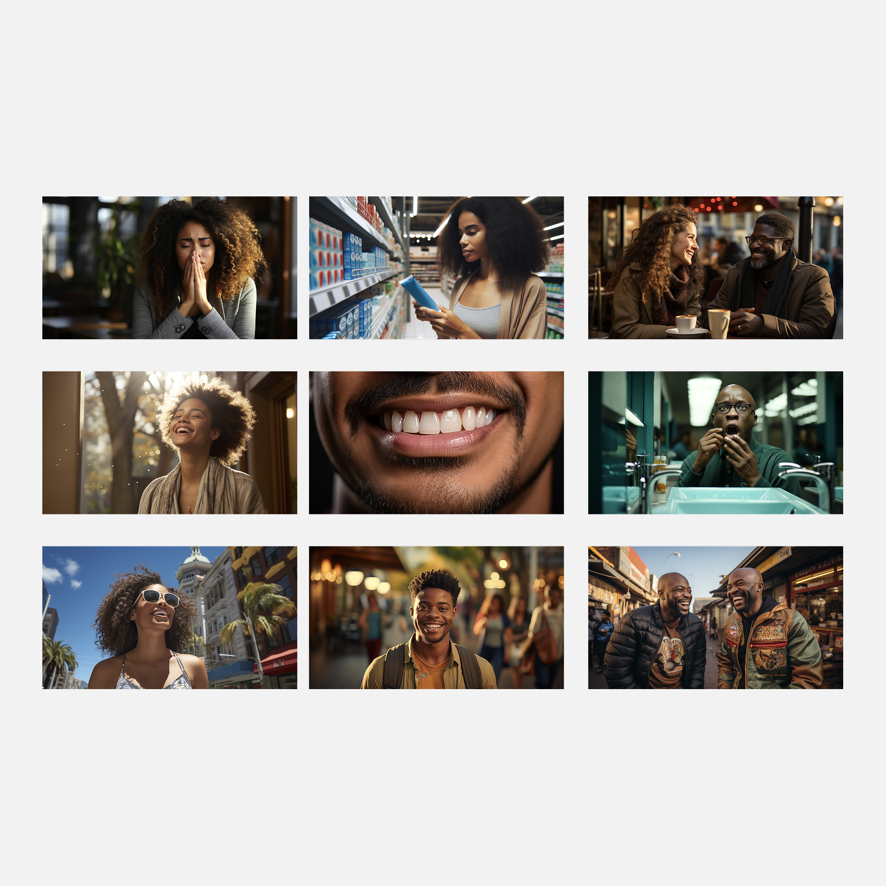 Coleção de fotos de pessoas sorrindo, conversando e aproveitando momentos ao ar livre e em ambientes fechados.