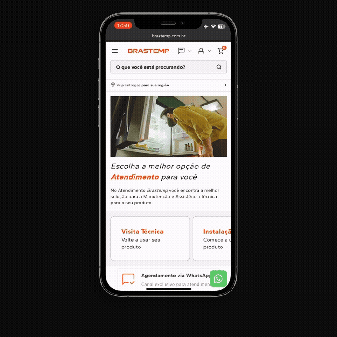 Tela de um smartphone exibindo o site da Brastemp, com opções de atendimento técnico, instalação e agendamento pelo WhatsApp.