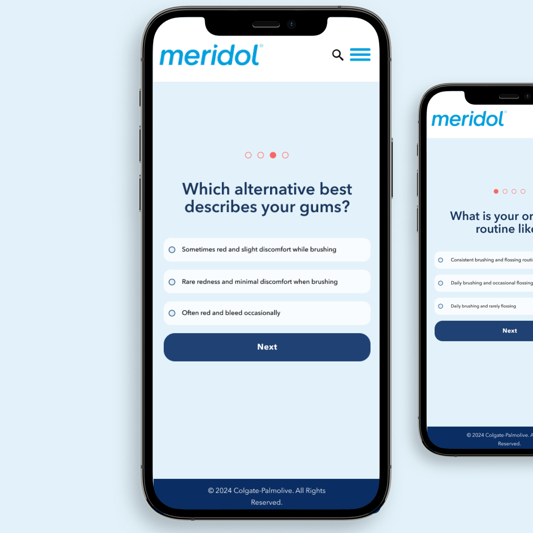 Tela de celular exibindo um questionário online da Meridol perguntando qual melhor descreve a gengiva do usuário, com opções de respostas sobre desconforto e vermelhidão ao escovar, e um botão 'Next' na parte inferior.