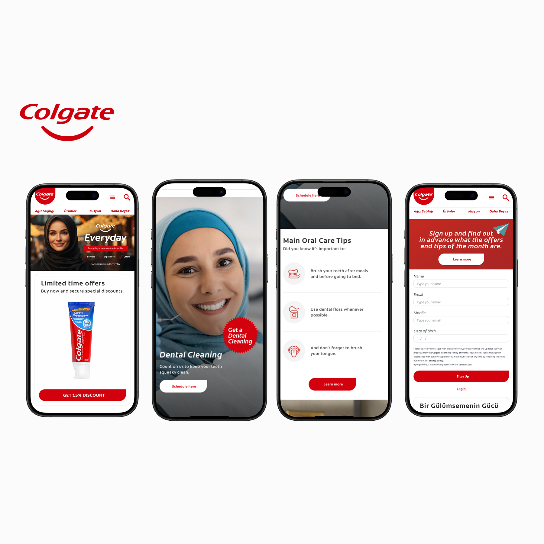Seis smartphones exibindo páginas do aplicativo da Colgate, incluindo ofertas, dicas de cuidados dentais, e formulário de inscrição, com o logo da Colgate ao lado.