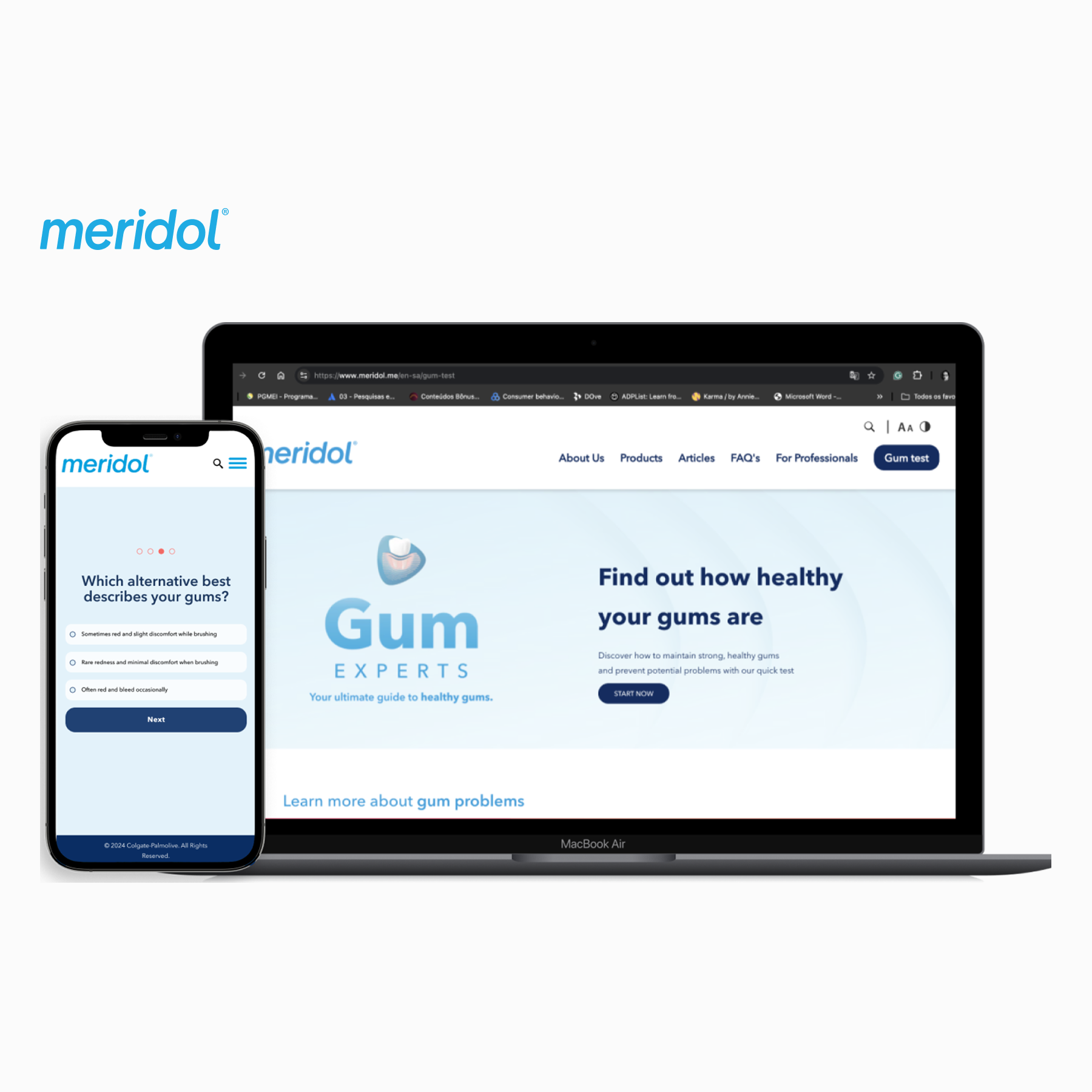 Tela de um site em um laptop e um celular mostrando informações sobre saúde bucal e problemas nas gengivas, com o logotipo 'meridol' e textos relacionados à saúde das gengivas.