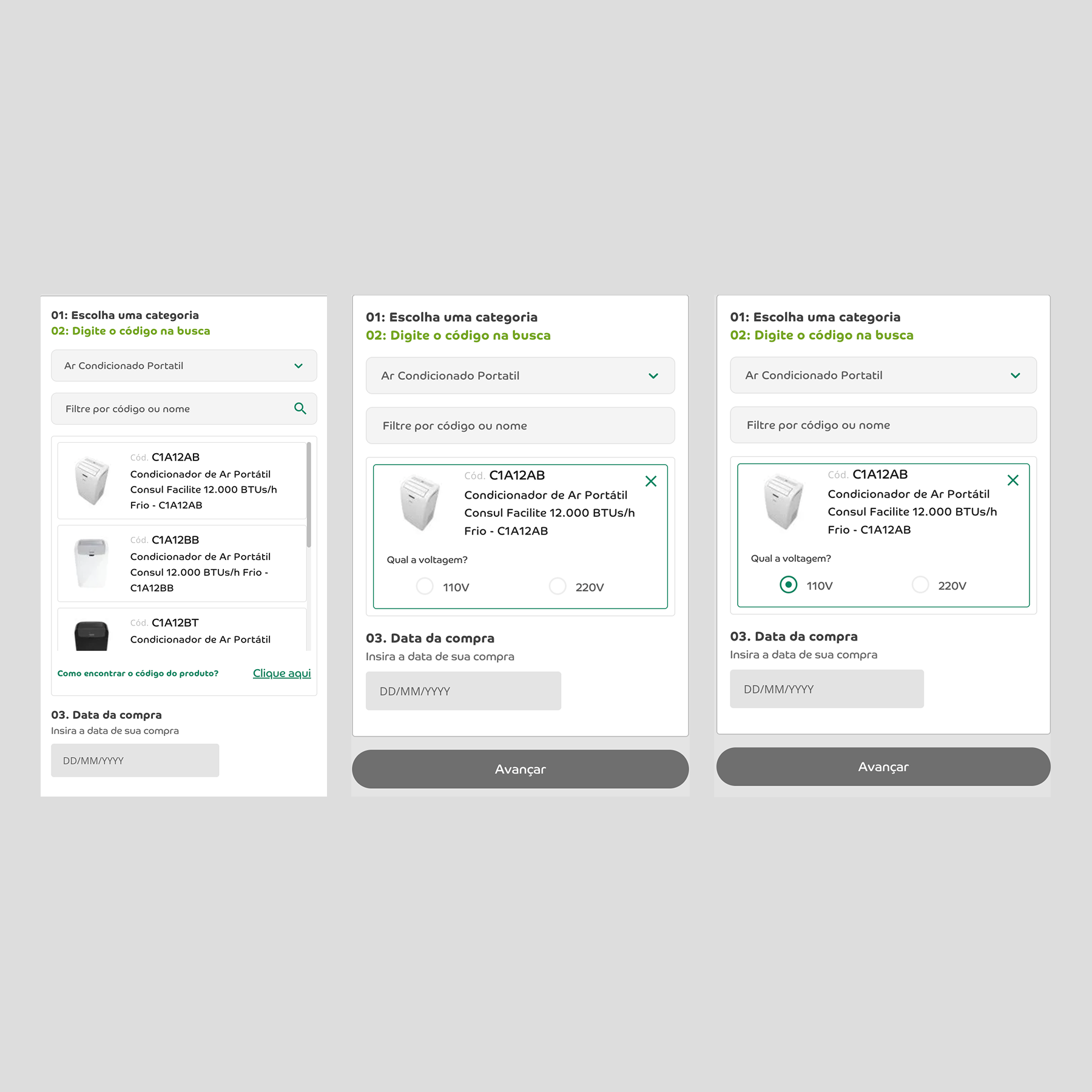 Tela de cadastro de produto para ar condicionado portátil, com opções para código, nome, voltagem (110V ou 220V) e data da compra, exibindo três etapas do processo de cadastro.