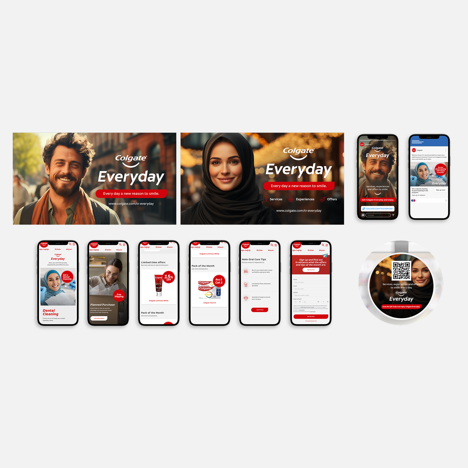 Coleção de marketing digital da marca Colgate, incluindo anúncios, páginas de aplicativo móvel, código QR, e telas de ofertas promocionais para produtos de uso cotidiano, com foco em cuidados bucais, estética e experiências do cliente.