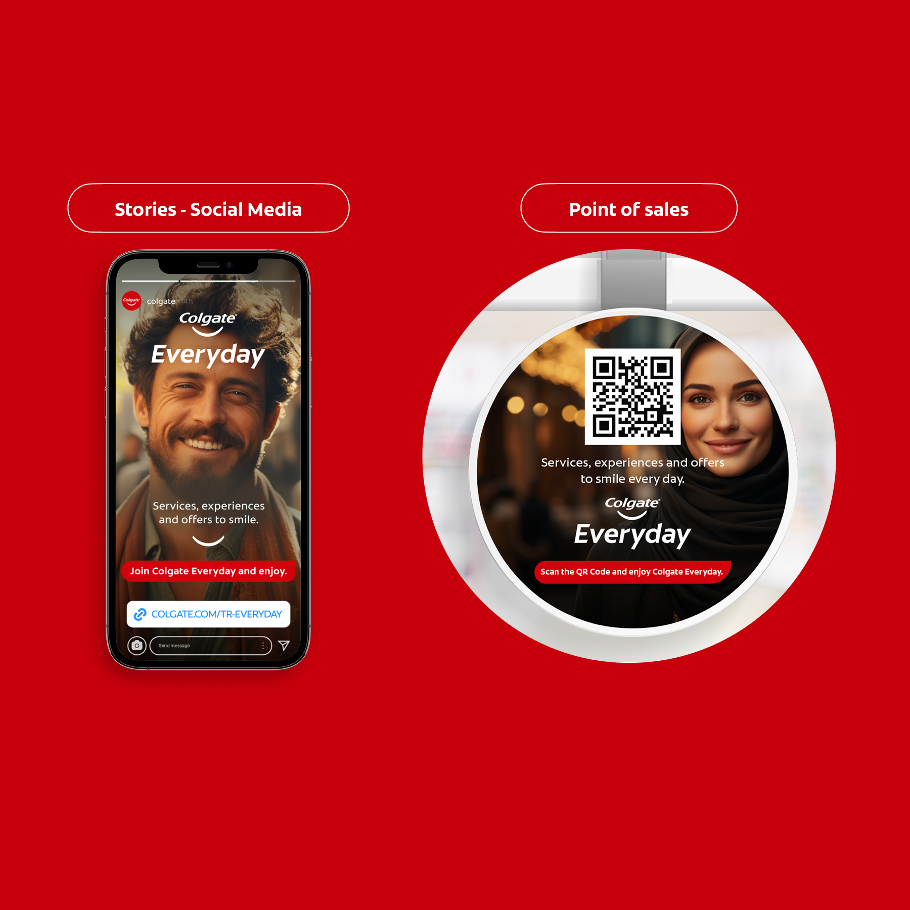 Imagem com fundo vermelho mostrando duas opções de publicidade: à esquerda, um smartphone com uma campanha de mídia social da Colgate com uma pessoa sorridente, texto 'Everyday' e uma chamada para ação. À direita, um ponto de venda com um QR code, uma mulher sorridente, e textos promocionais da Colgate com indicação para escanear o QR code para aproveitar ofertas diárias.