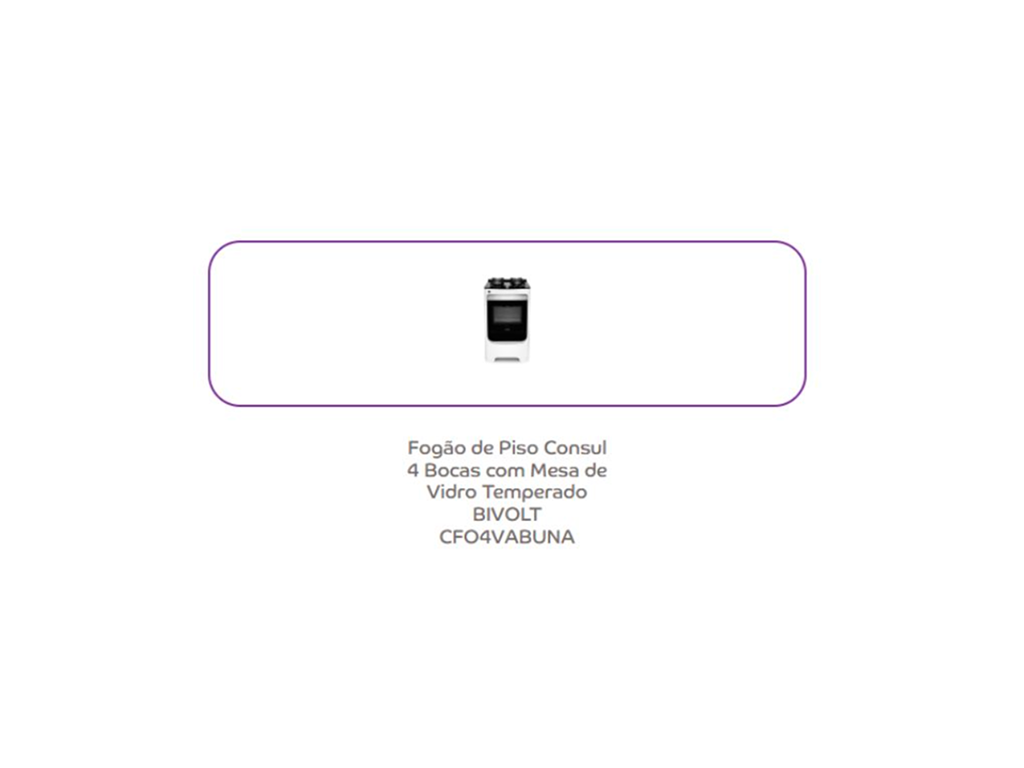 Imagem de um fogão de piso consut com 4 bocas, vidro temperado, marca BIVOLT, código CF04VABUNA.