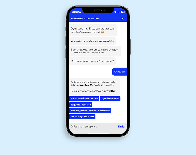 Tela de um smartphone exibindo um chat de assistente virtual na área de saúde, com mensagens sobre agendamento de consultas médicas e informações relacionadas