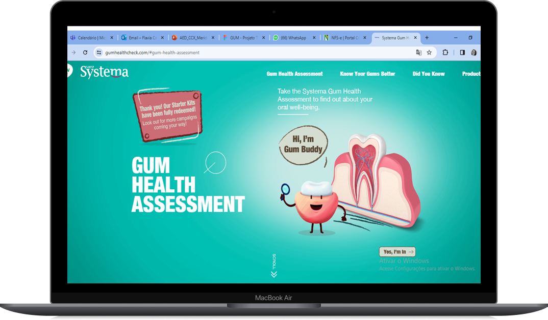 Tela de avaliação de saúde bucal com um personagem de gengiva animado chamado Gum Buddy, exibindo informações sobre avaliação da saúde das gengivas.