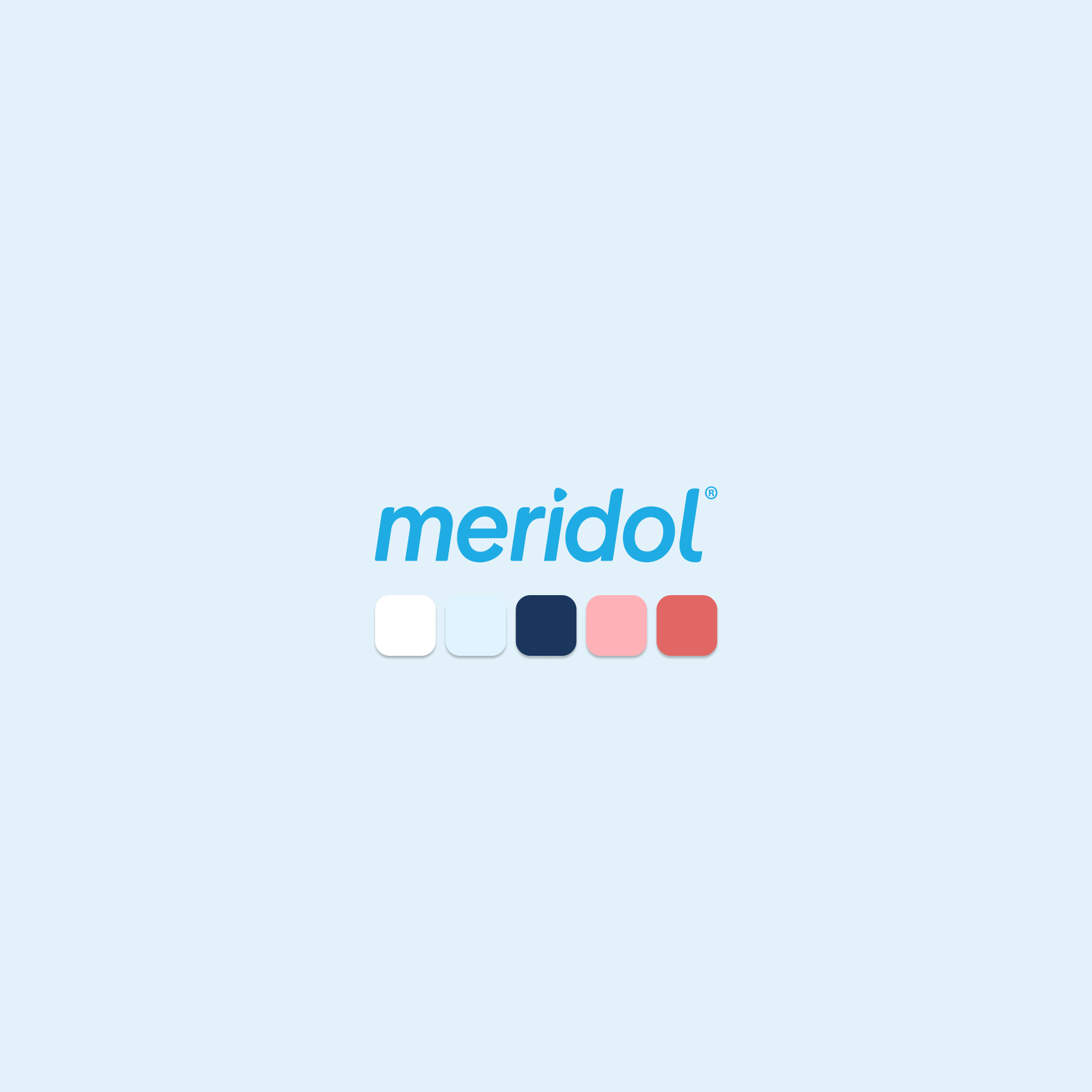 Logo da marca Meridol com o nome escrito em azul e cinco quadrados coloridos (branco, azul claro, azul escuro, rosa claro, vermelho) abaixo, sobre fundo azul claro.